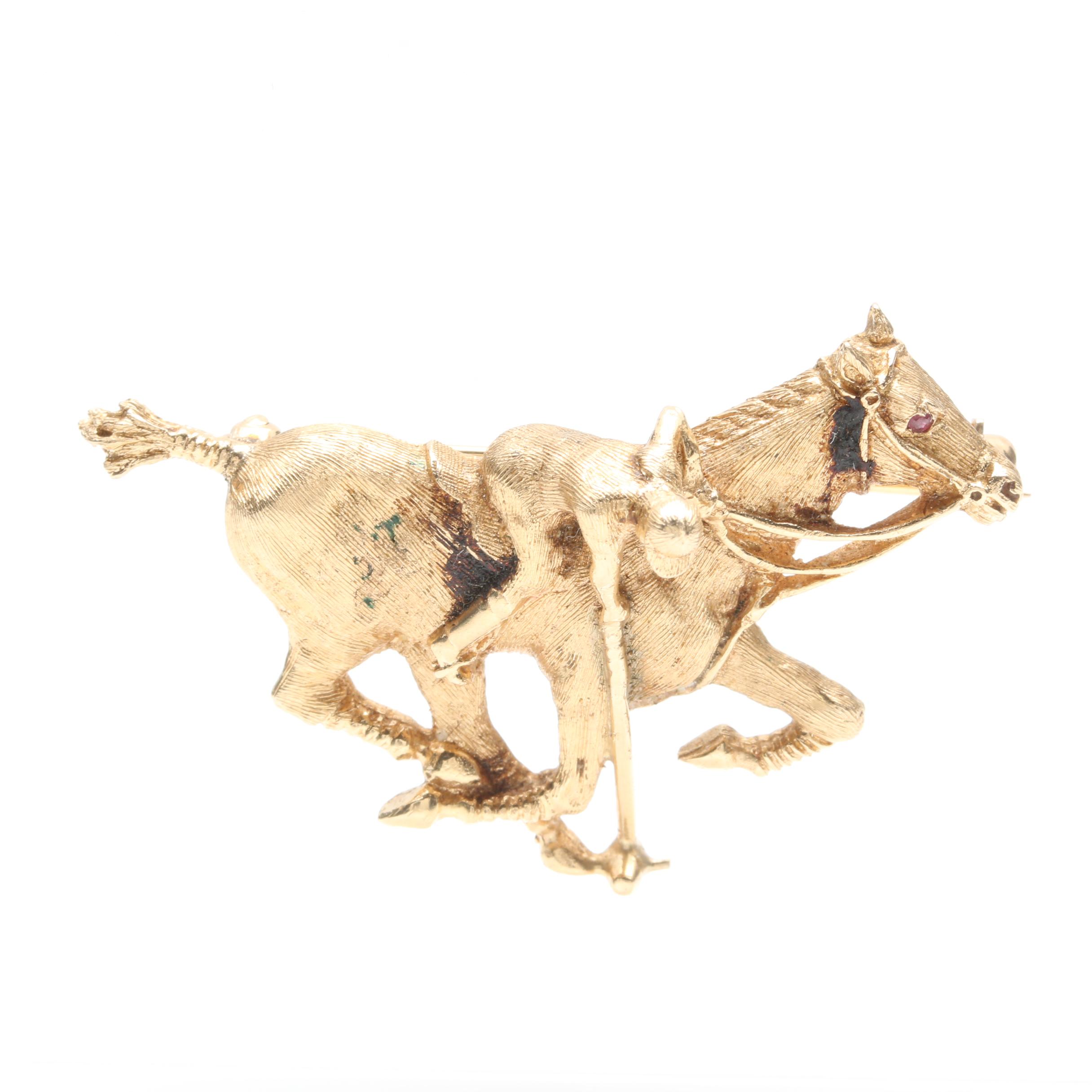 14K Yellow Gold Ruby Polo Horse Brooch