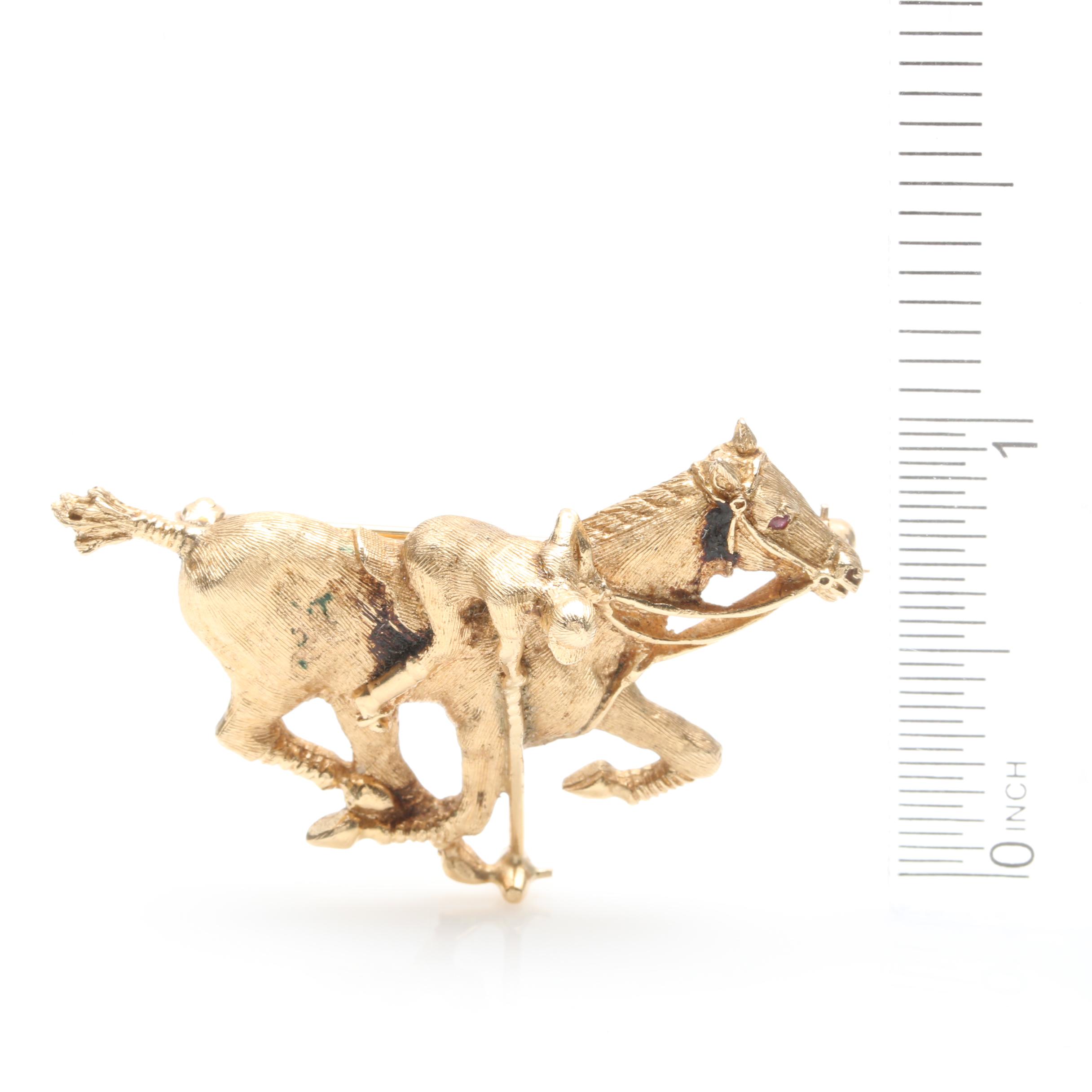14K Yellow Gold Ruby Polo Horse Brooch