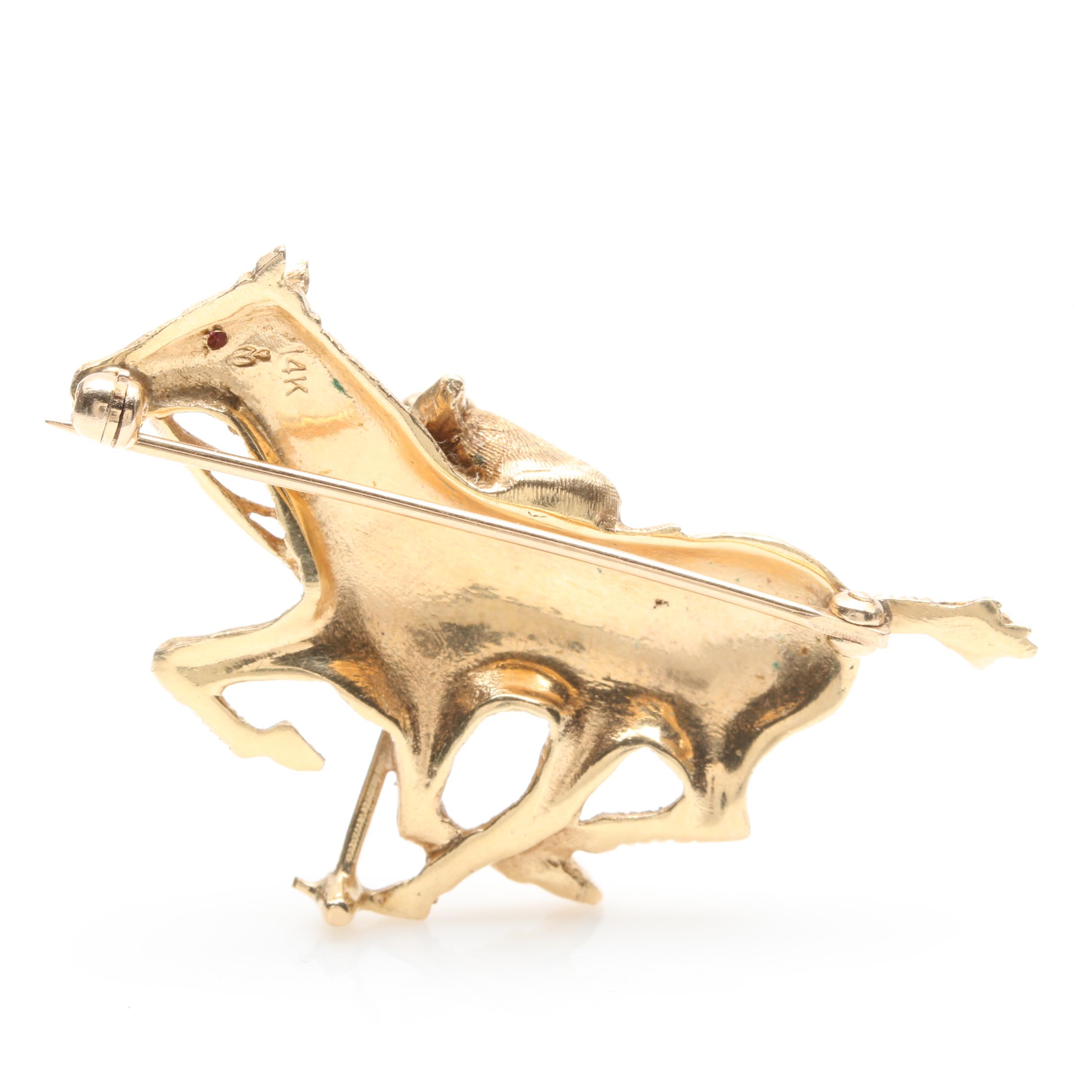 14K Yellow Gold Ruby Polo Horse Brooch