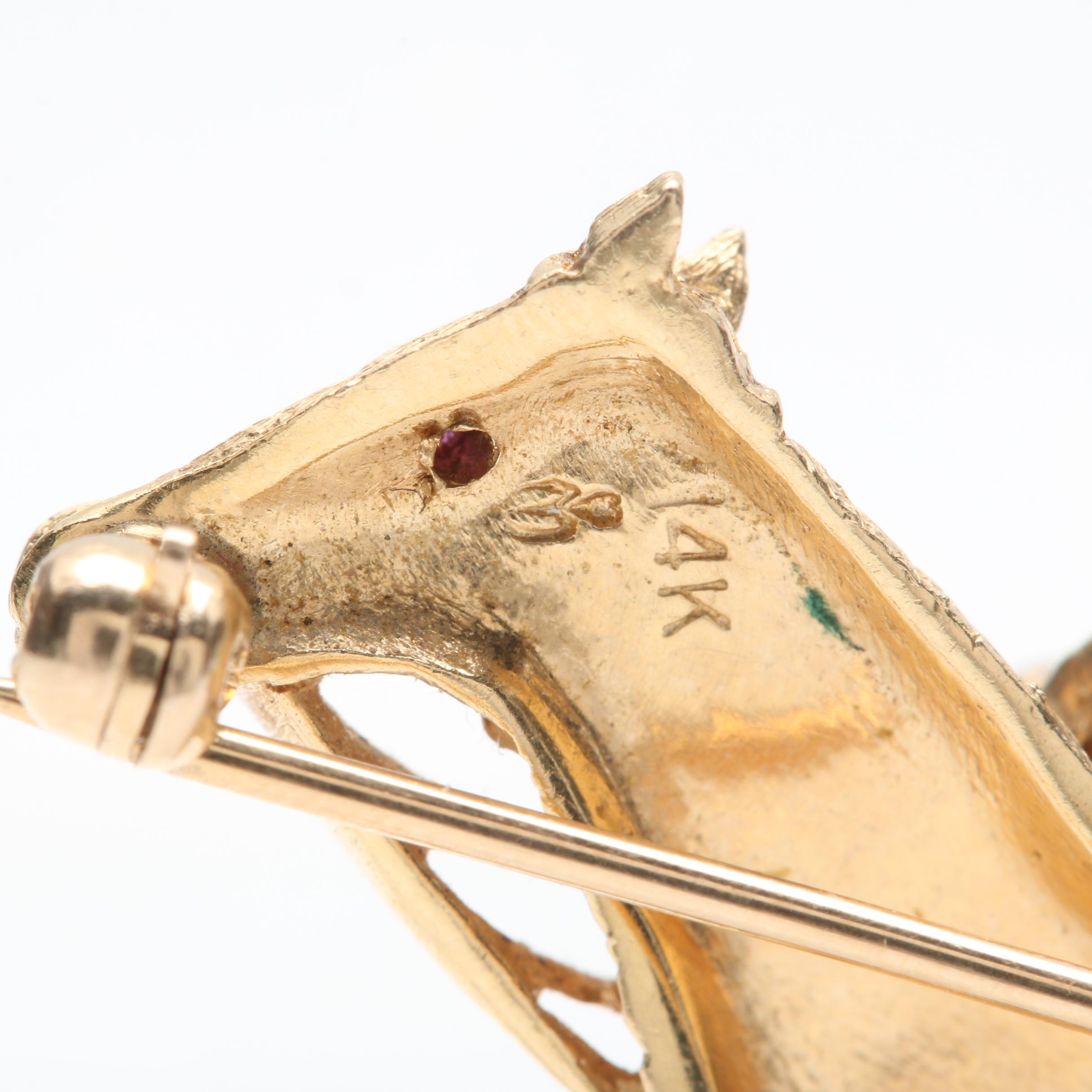 14K Yellow Gold Ruby Polo Horse Brooch