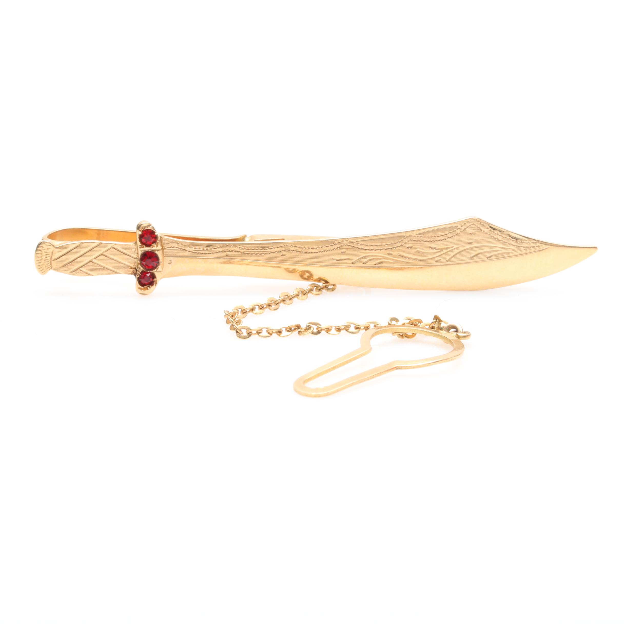 18K Yellow Gold Red Glass Saif Sword Tie Clip