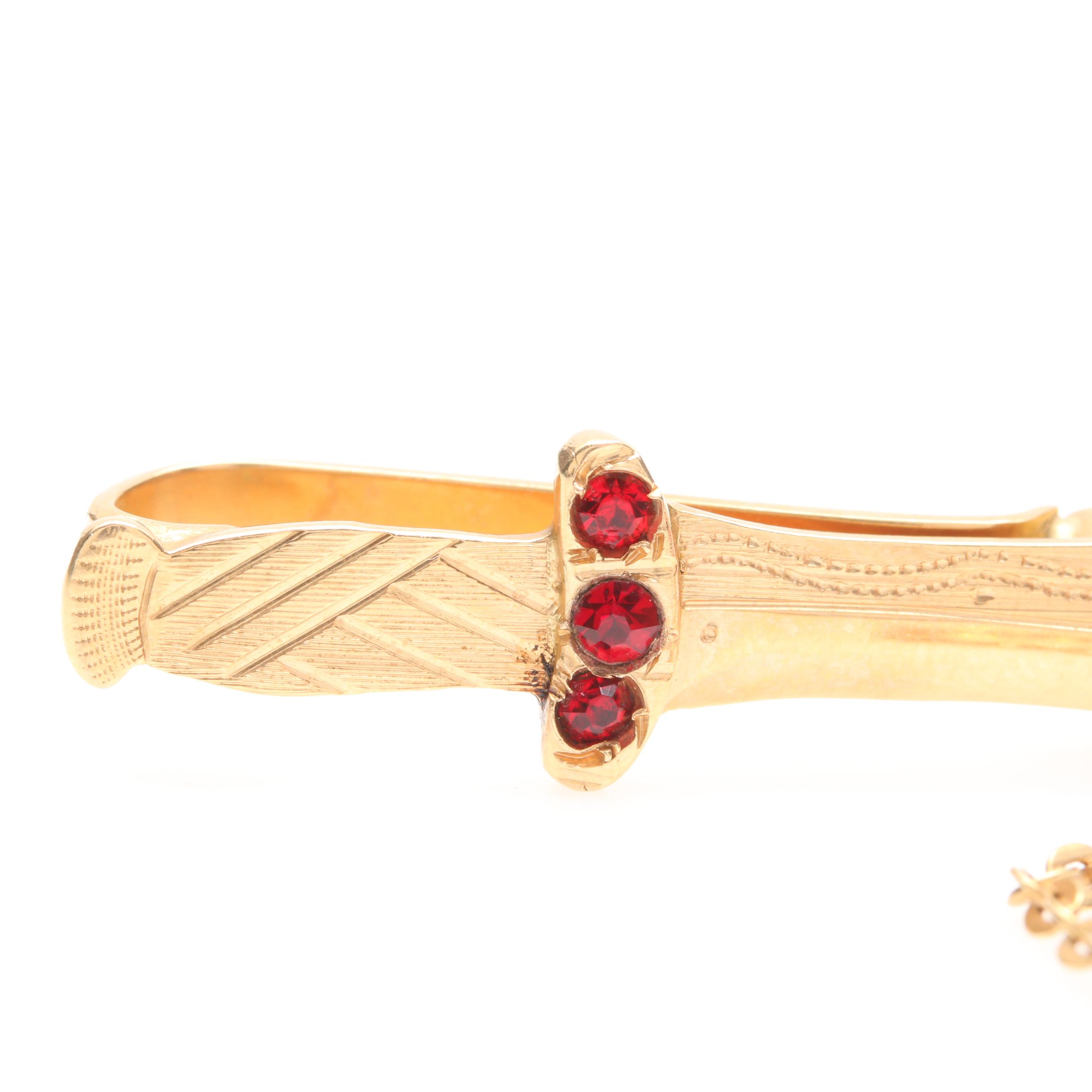 18K Yellow Gold Red Glass Saif Sword Tie Clip