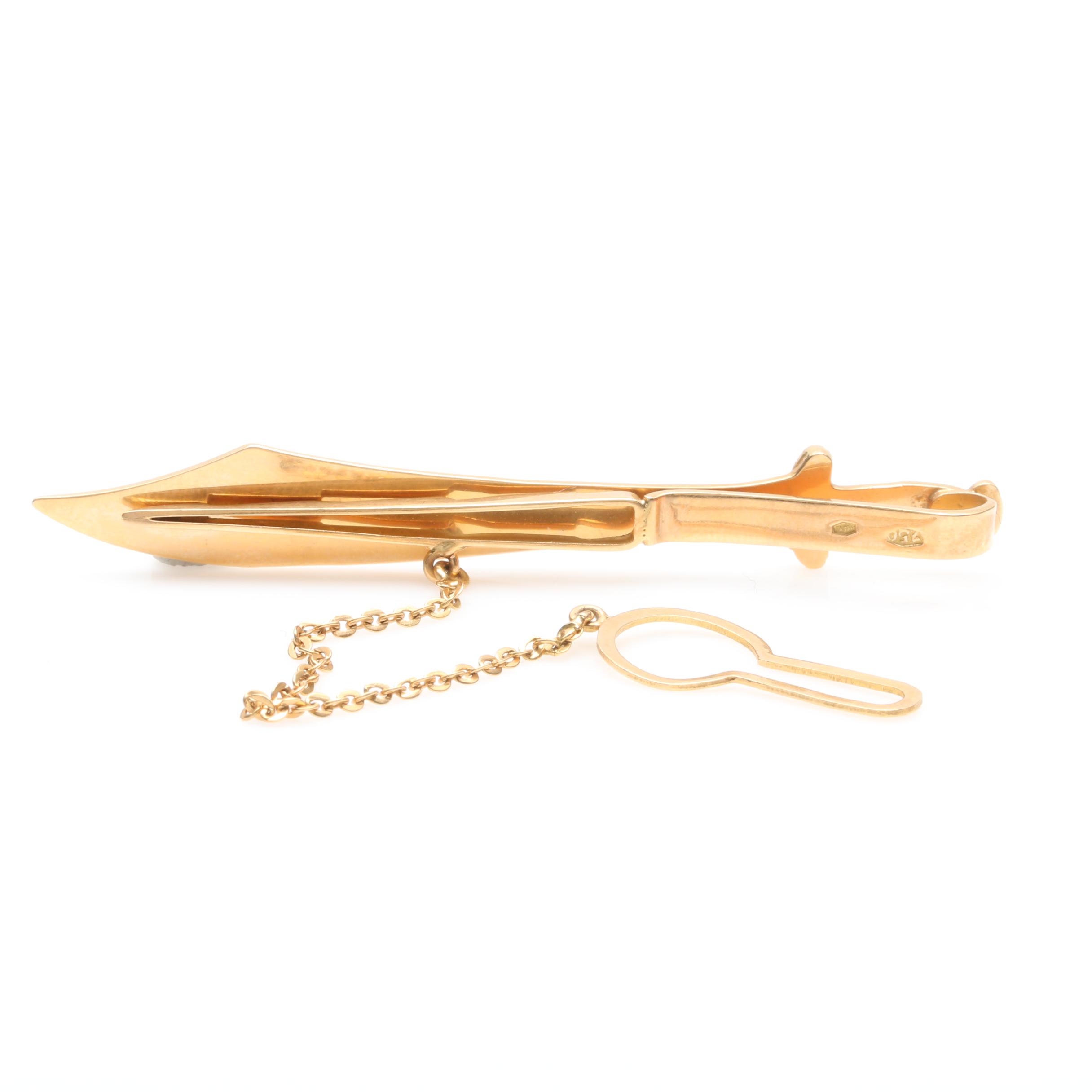 18K Yellow Gold Red Glass Saif Sword Tie Clip