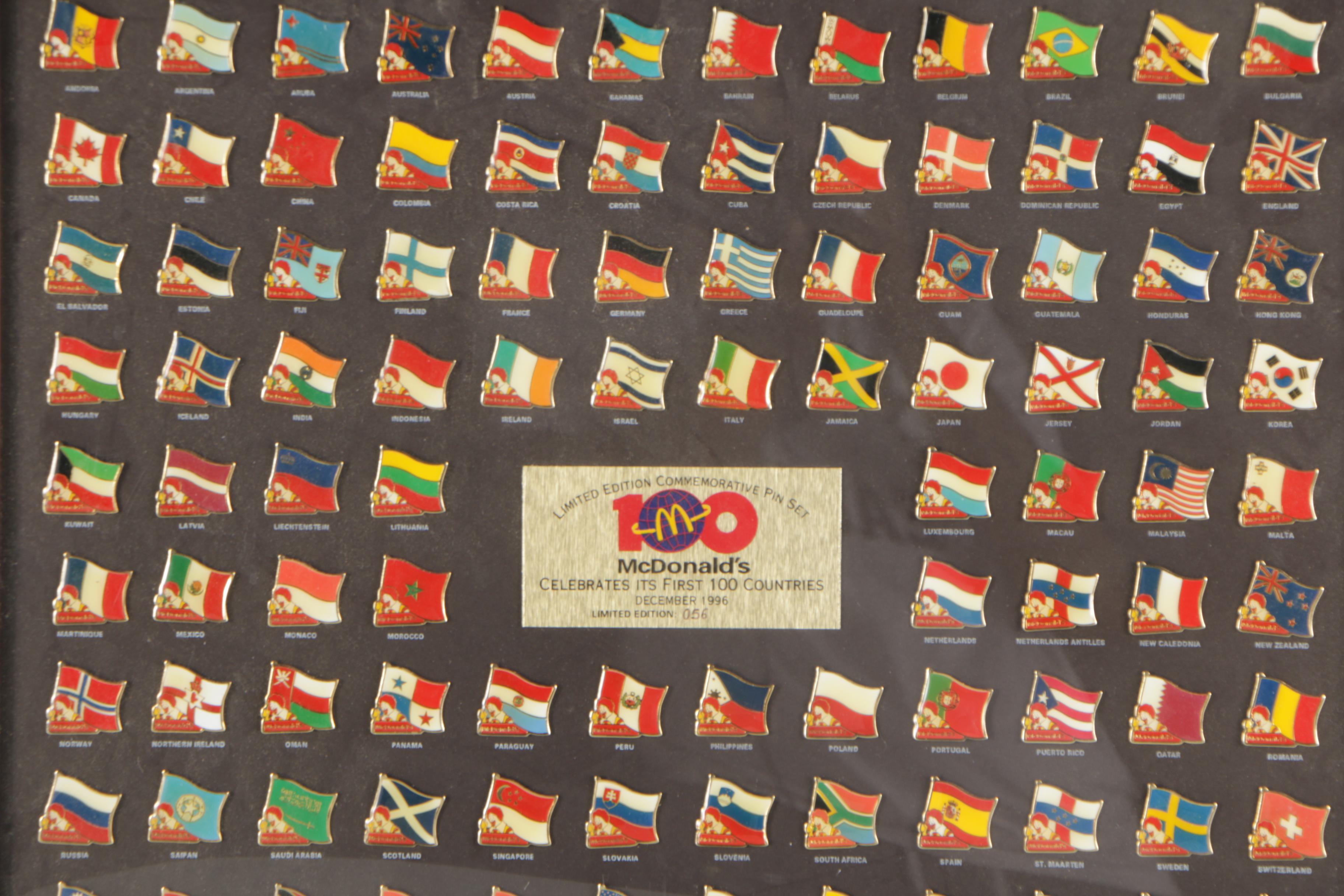 Framed Limited Edition 1996 McDonald's First 100 Countries Commemorative Pin Set