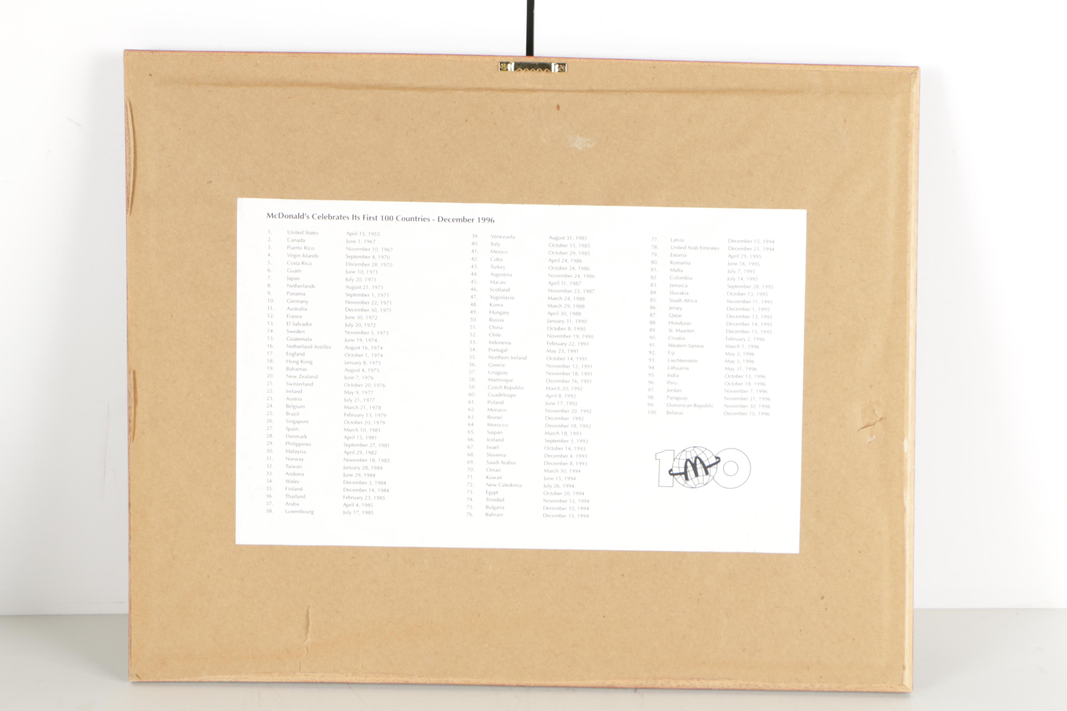 Framed Limited Edition 1996 McDonald's First 100 Countries Commemorative Pin Set