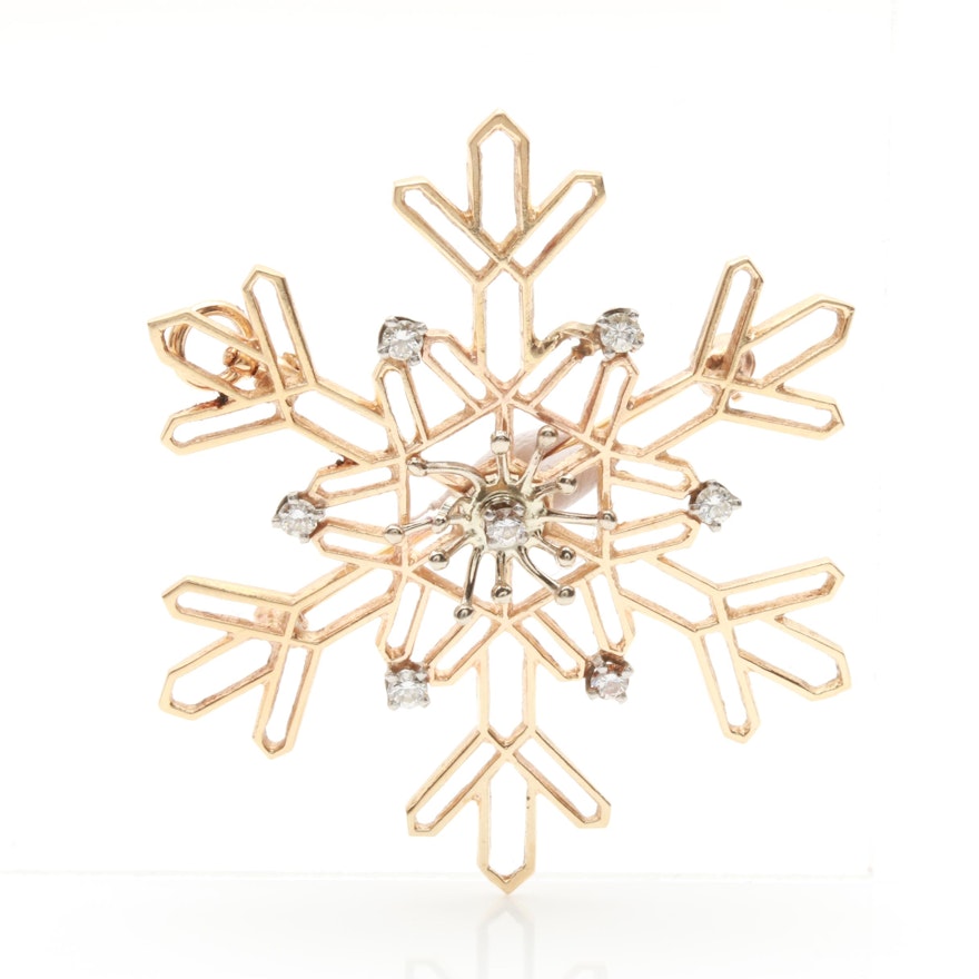 14K Yellow Gold Diamond Snowflake Brooch with 14K White Gold Accents