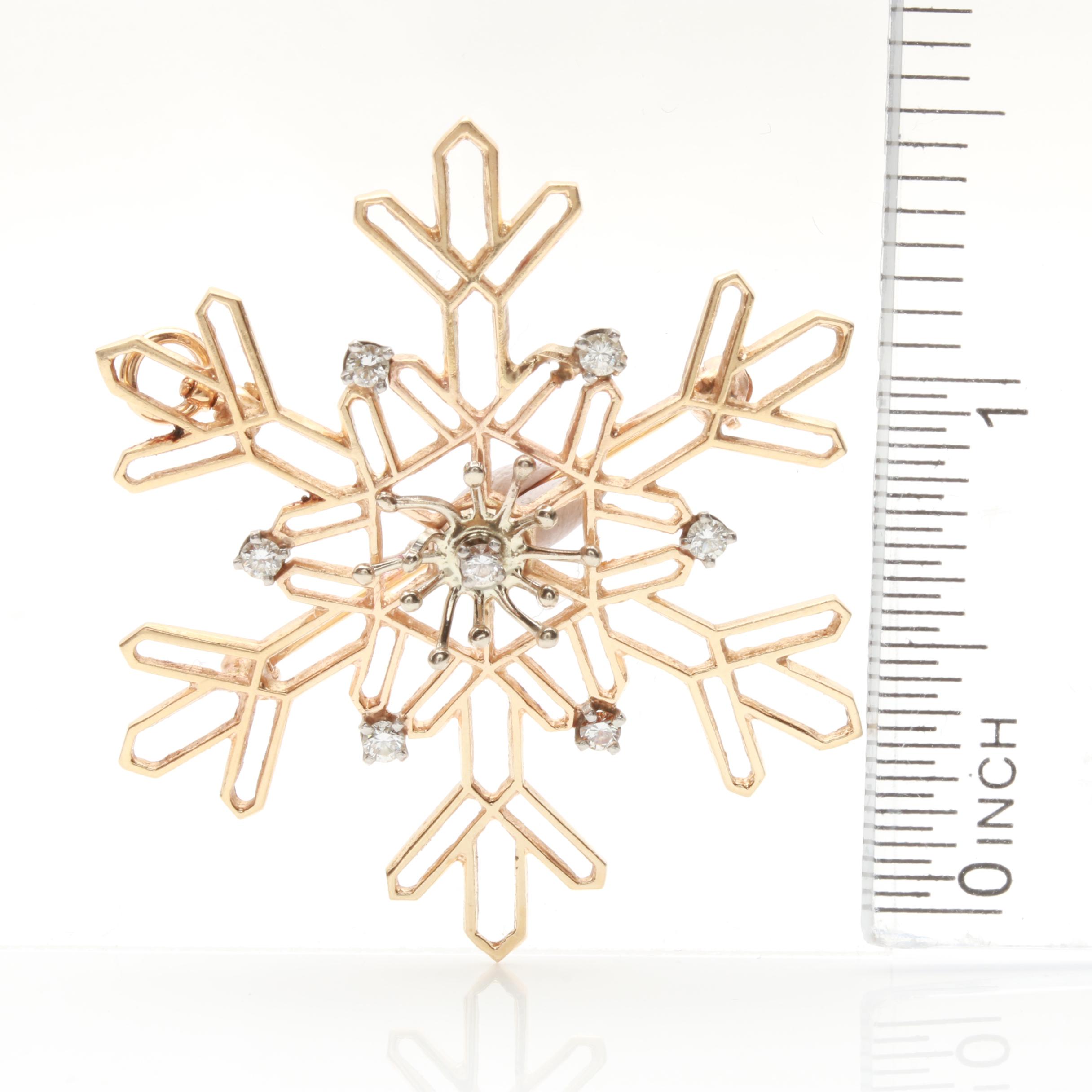 14K Yellow Gold Diamond Snowflake Brooch with 14K White Gold Accents