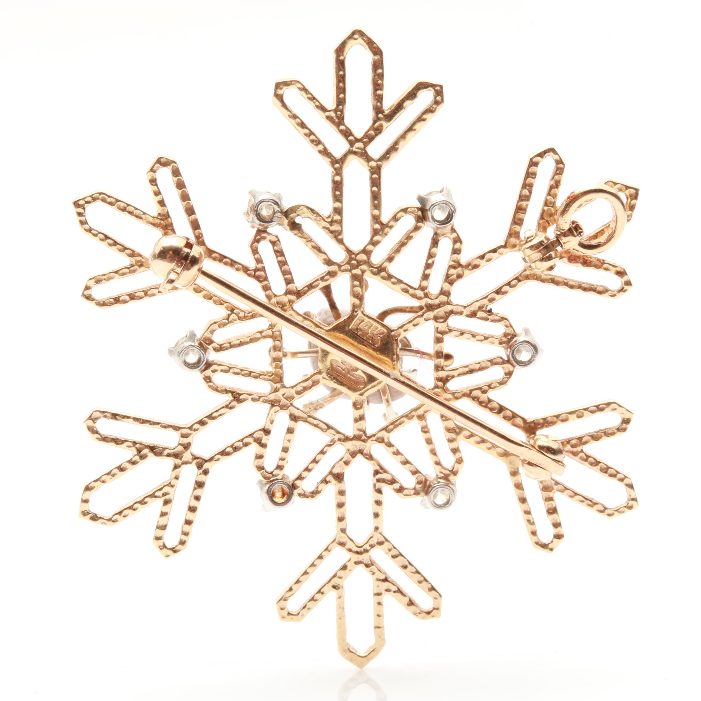 14K Yellow Gold Diamond Snowflake Brooch with 14K White Gold Accents