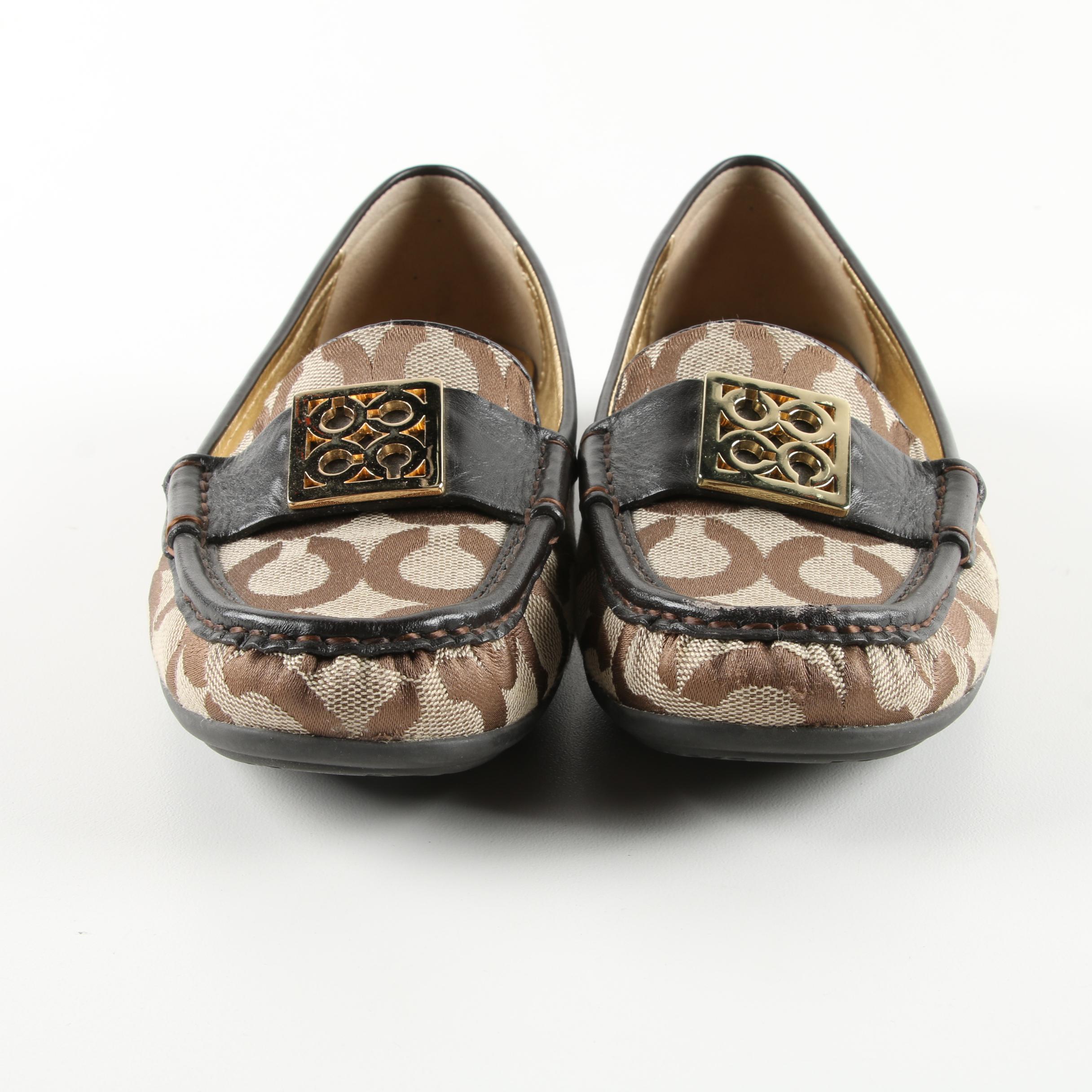 Women's Coach Signature Tan Canvas and Brown Leather Loafers