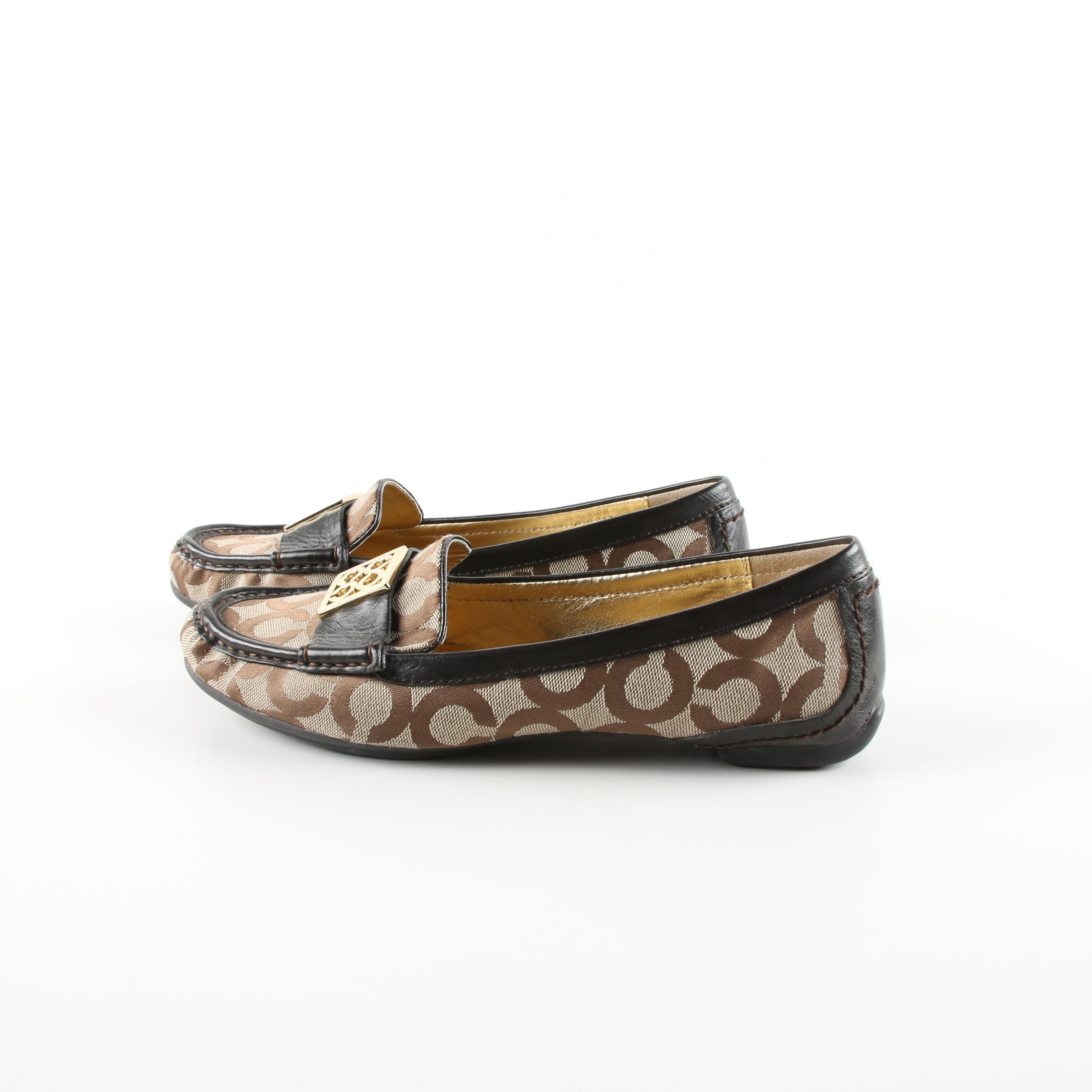Women's Coach Signature Tan Canvas and Brown Leather Loafers
