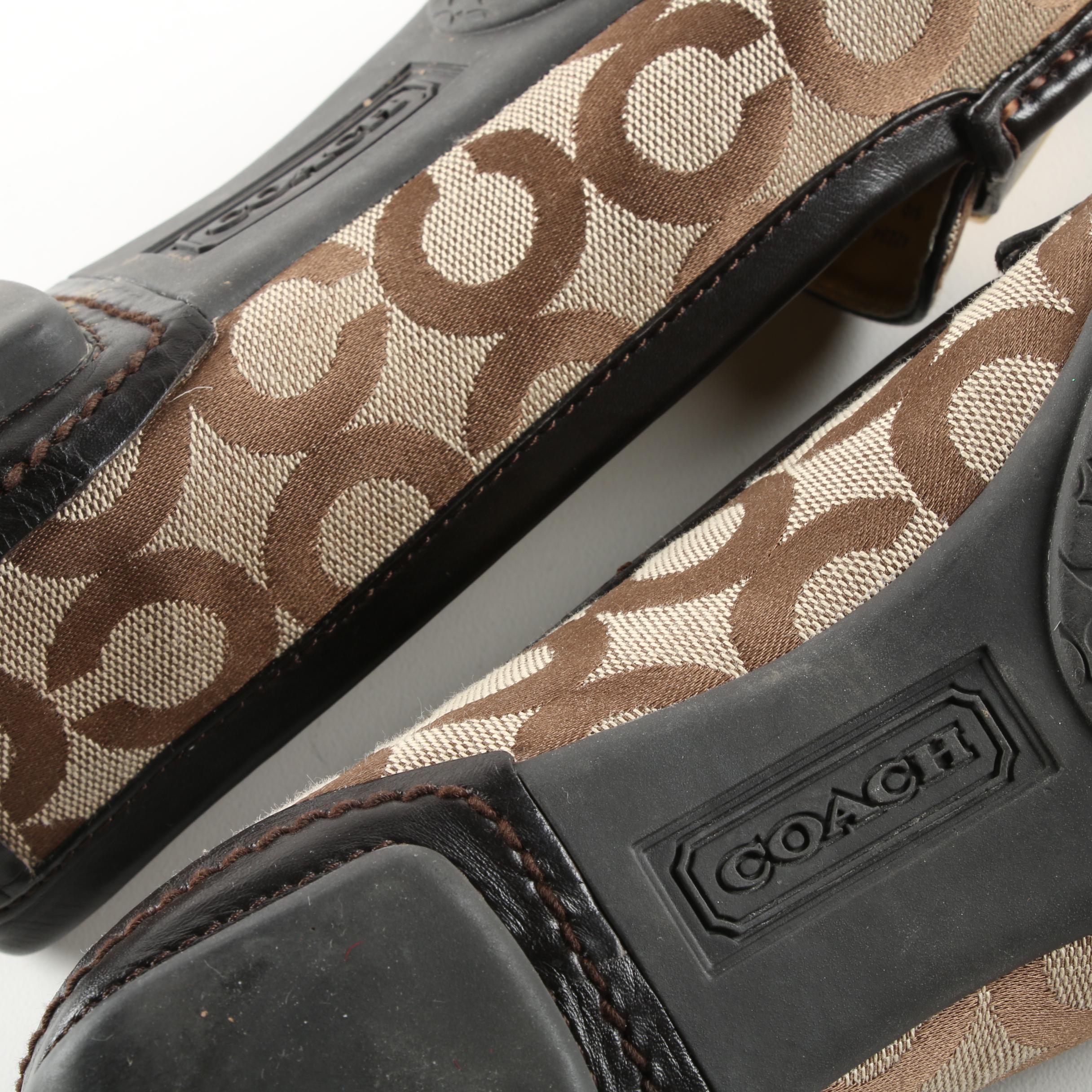 Women's Coach Signature Tan Canvas and Brown Leather Loafers