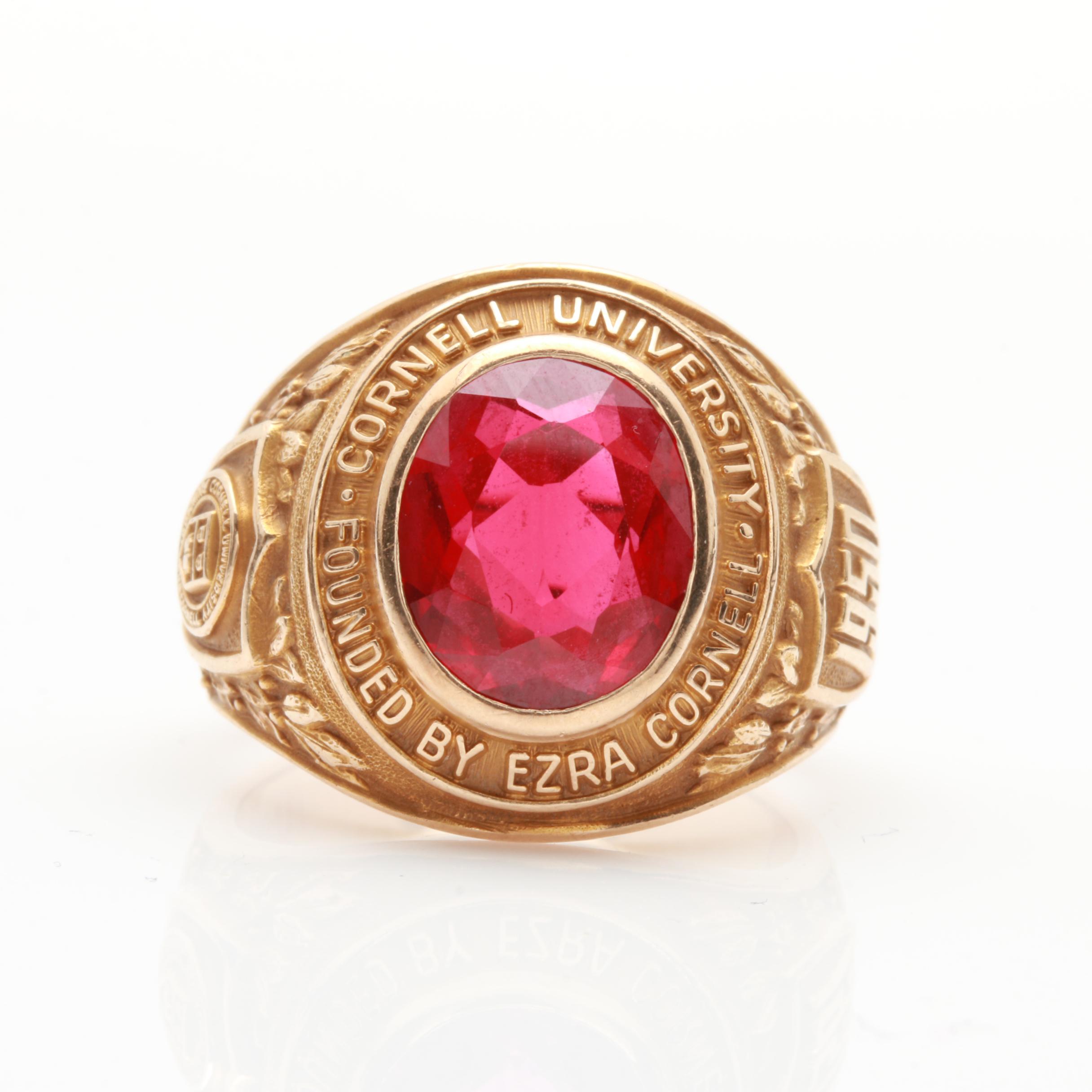 1950 10K Yellow Gold Synthetic Ruby Cornell University Class Ring