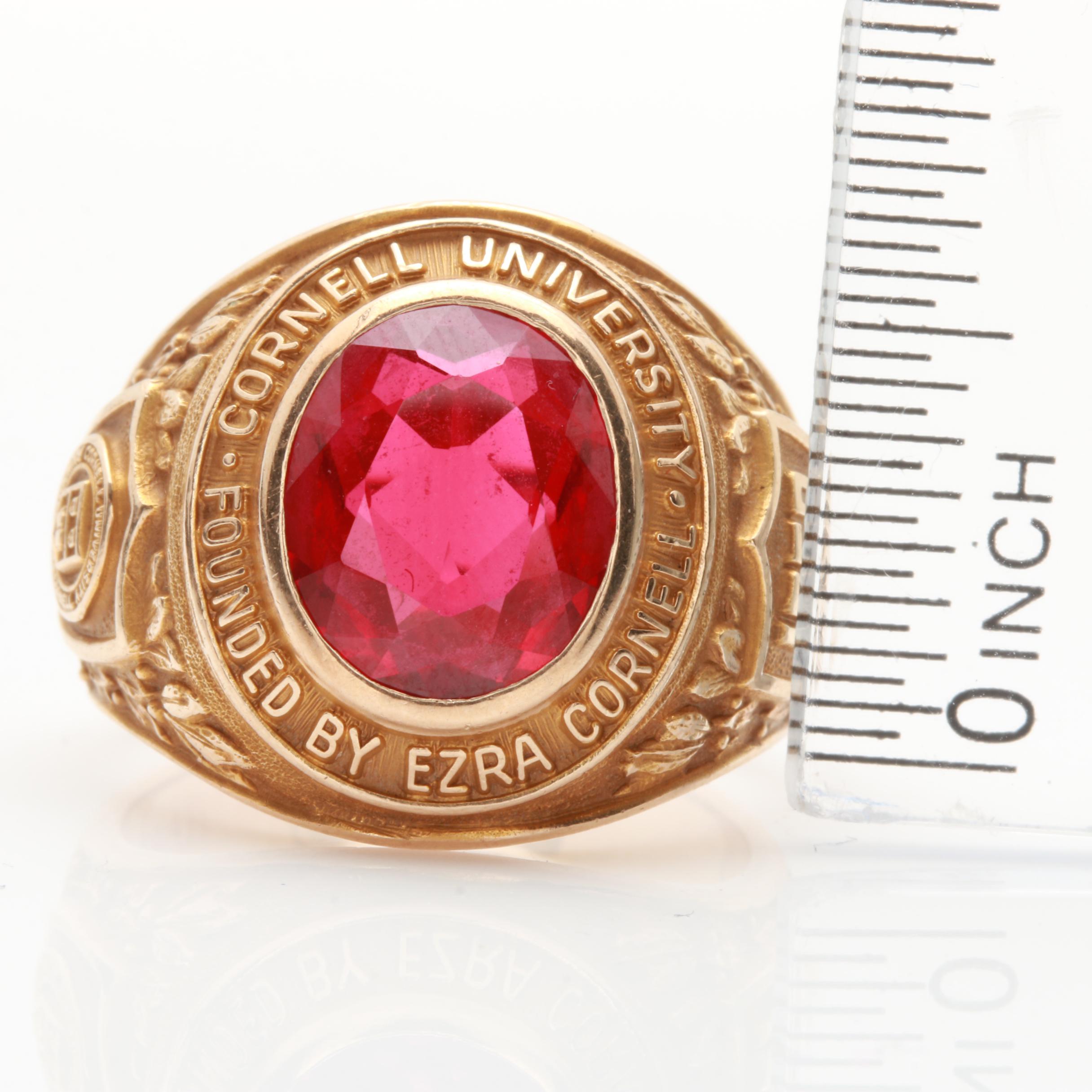 1950 10K Yellow Gold Synthetic Ruby Cornell University Class Ring