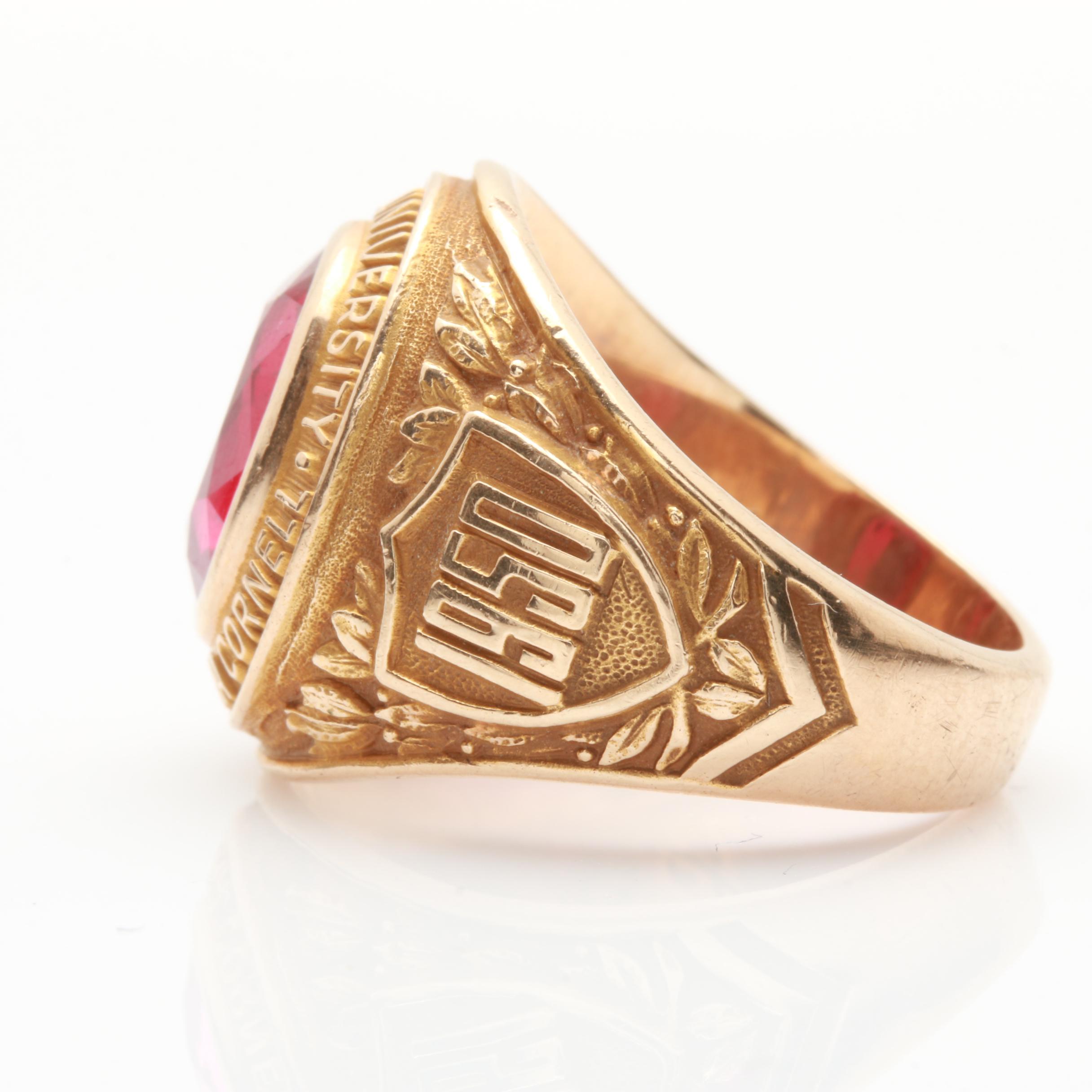1950 10K Yellow Gold Synthetic Ruby Cornell University Class Ring