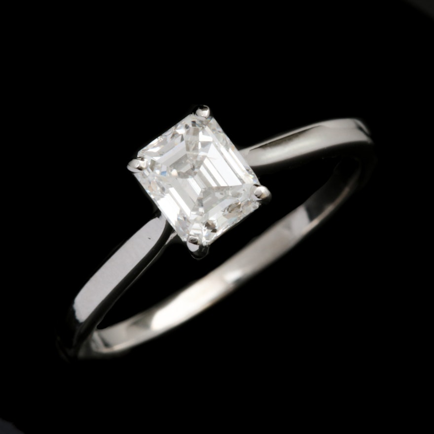 14K White Gold and 1.00 CT Emerald Cut Diamond Solitaire Ring