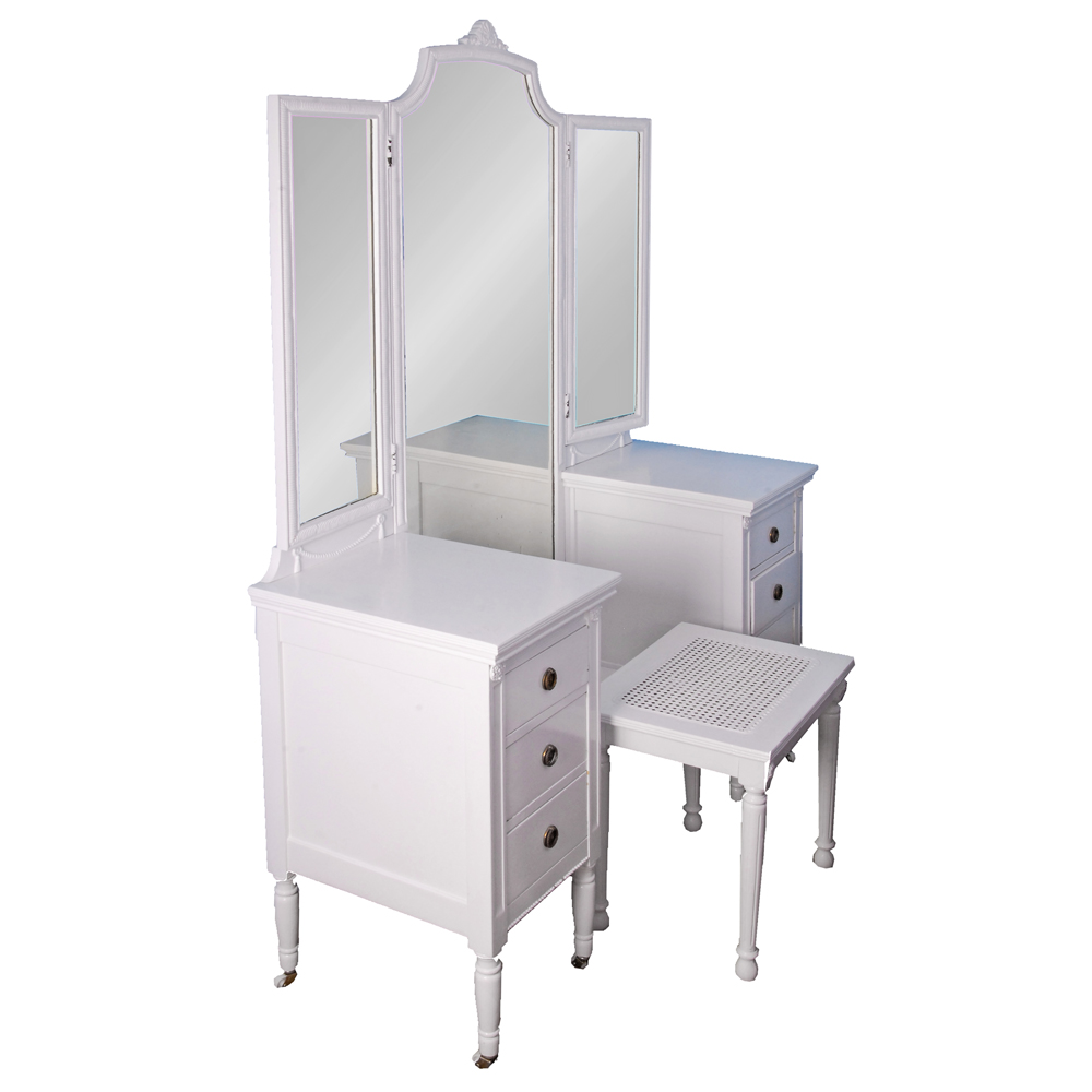 Vintage Painted Wood Vanity with Mirrors and Bench