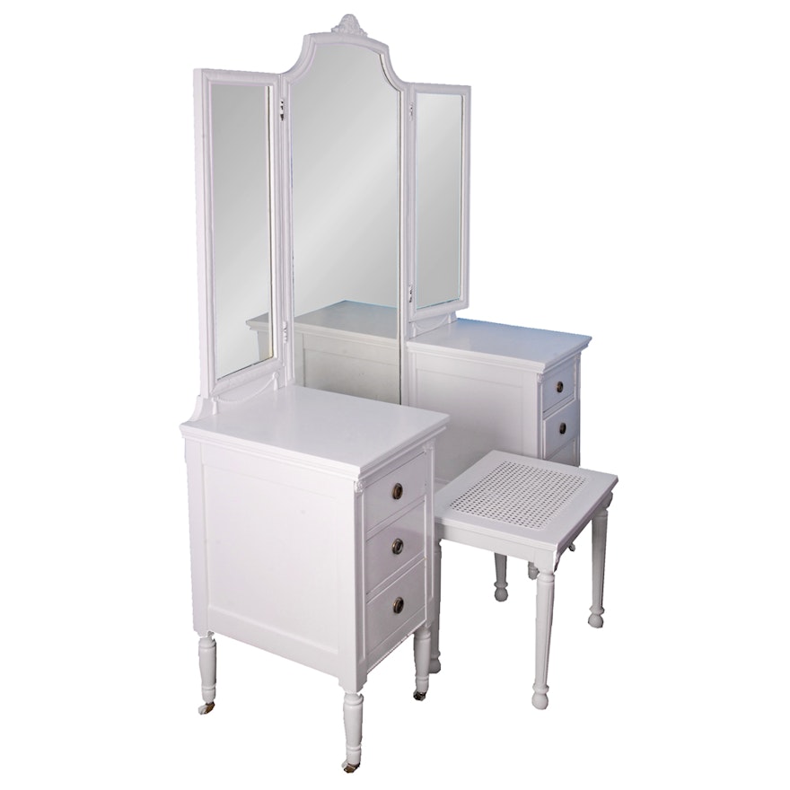 Vintage Painted Wood Vanity with Mirrors and Bench