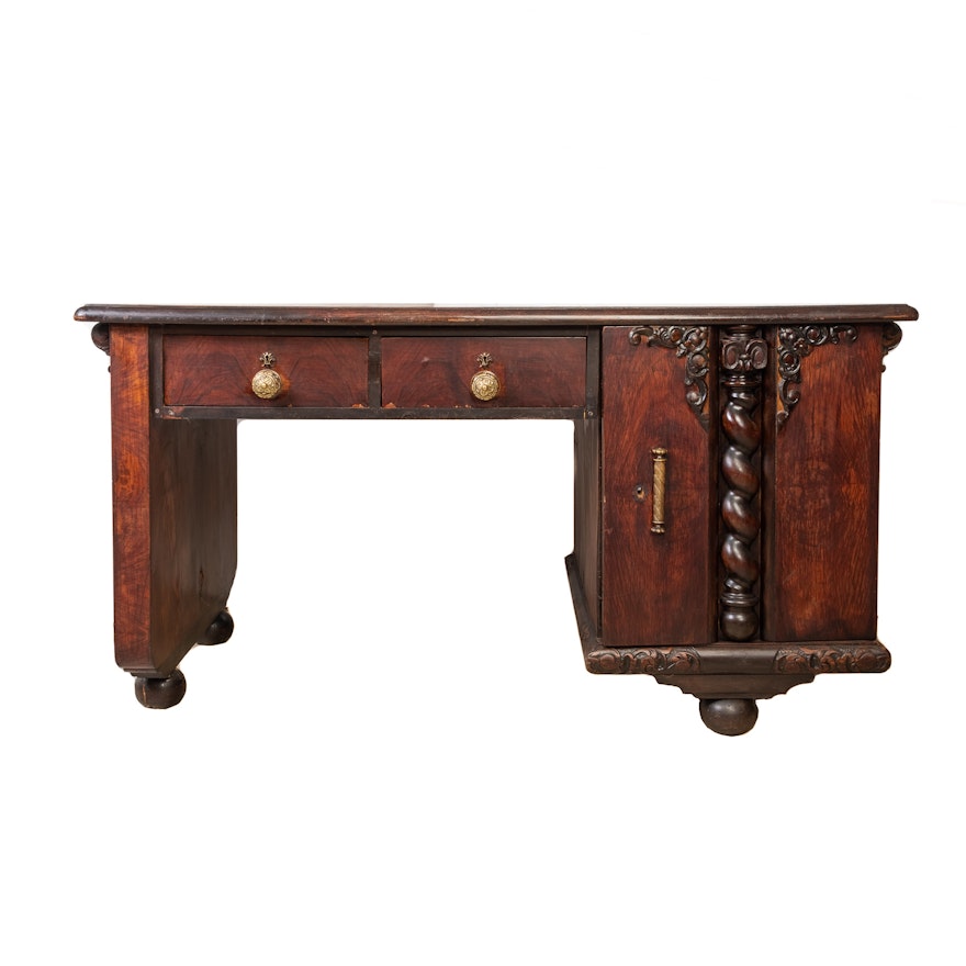 Gothic Style Offset Desk with Barley Twist and Carved Moldings