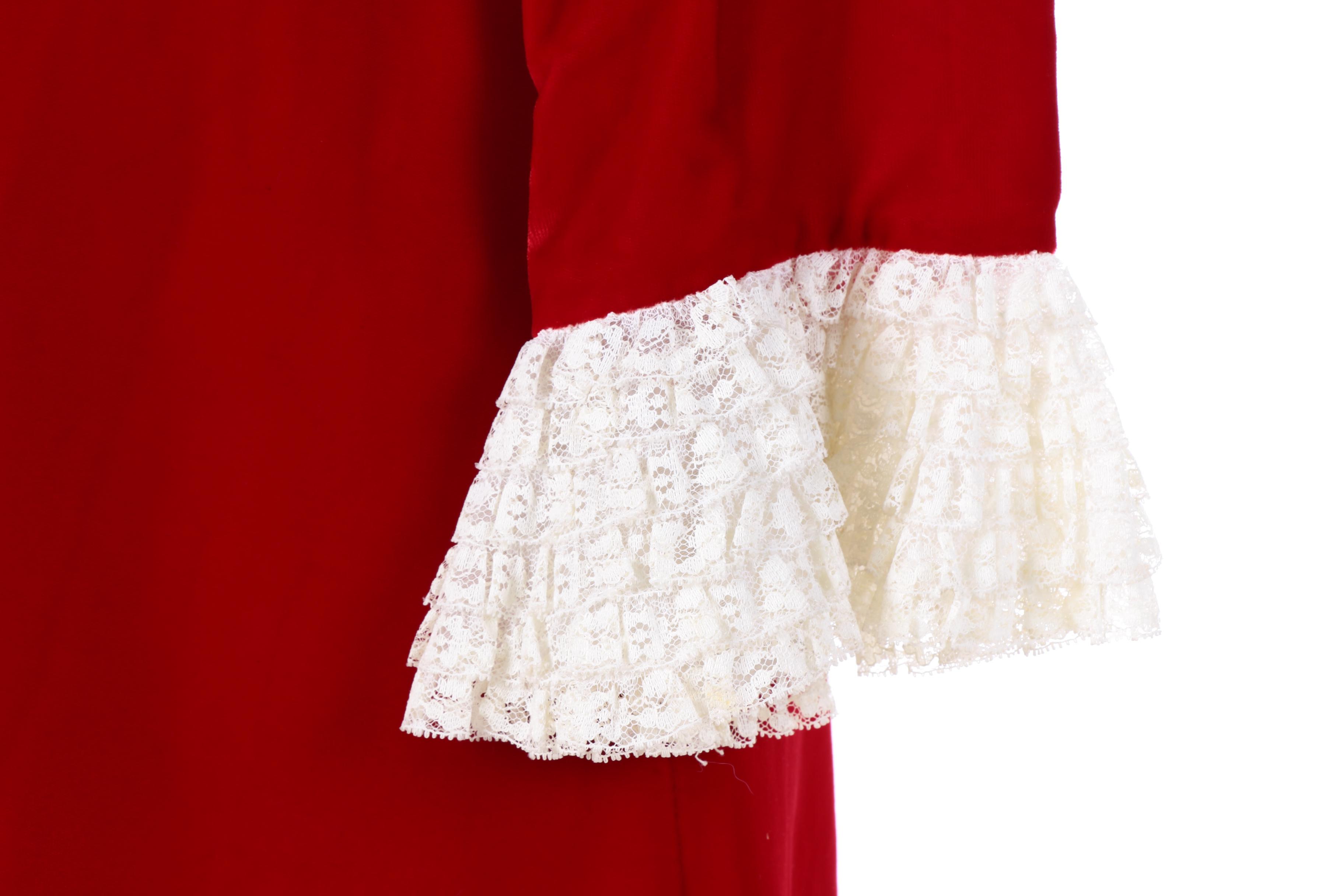 Circa 1960s Vintage Teena Paige Red Velvet Dress with Lace Ruffle Sleeve Cuffs