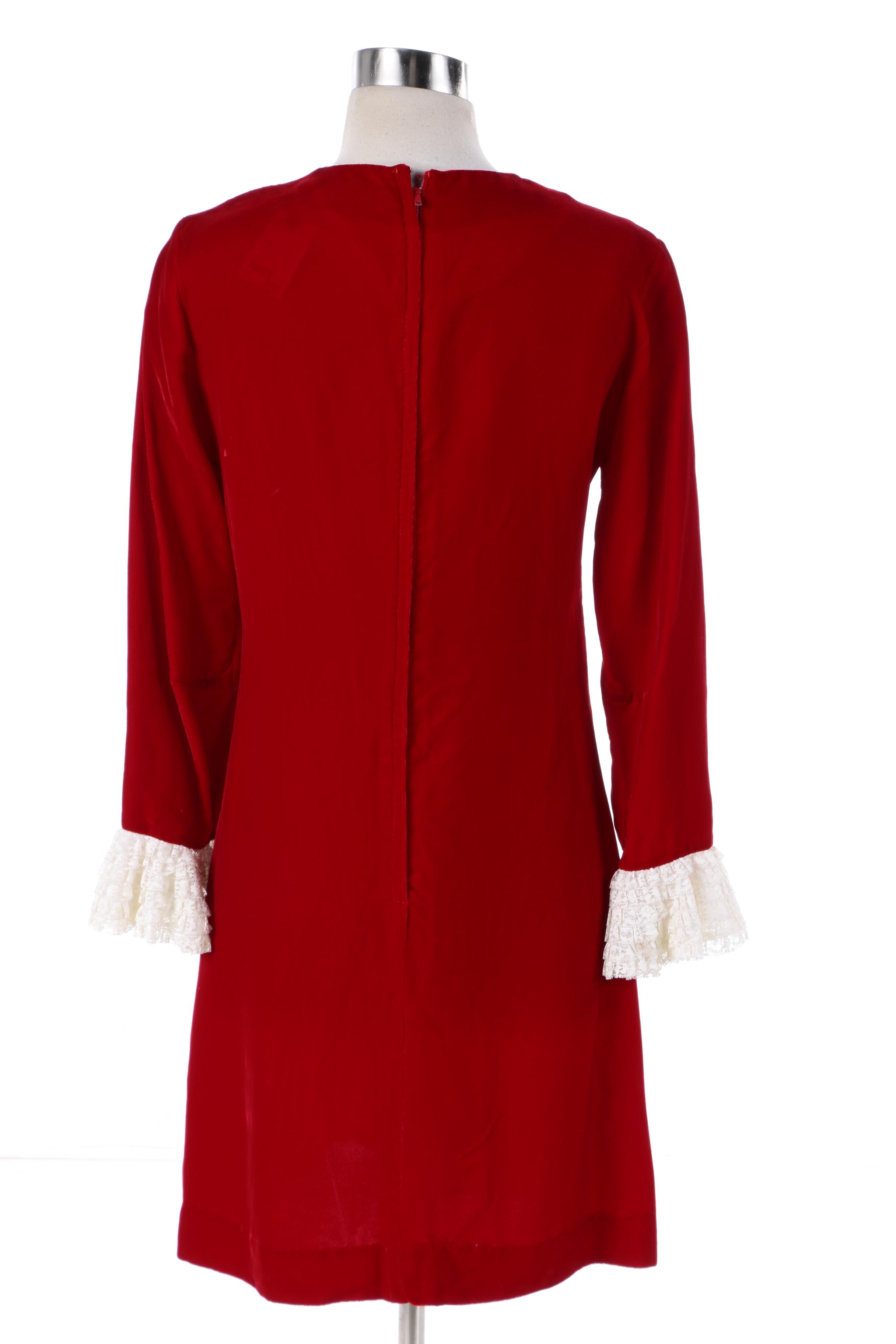 Circa 1960s Vintage Teena Paige Red Velvet Dress with Lace Ruffle Sleeve Cuffs