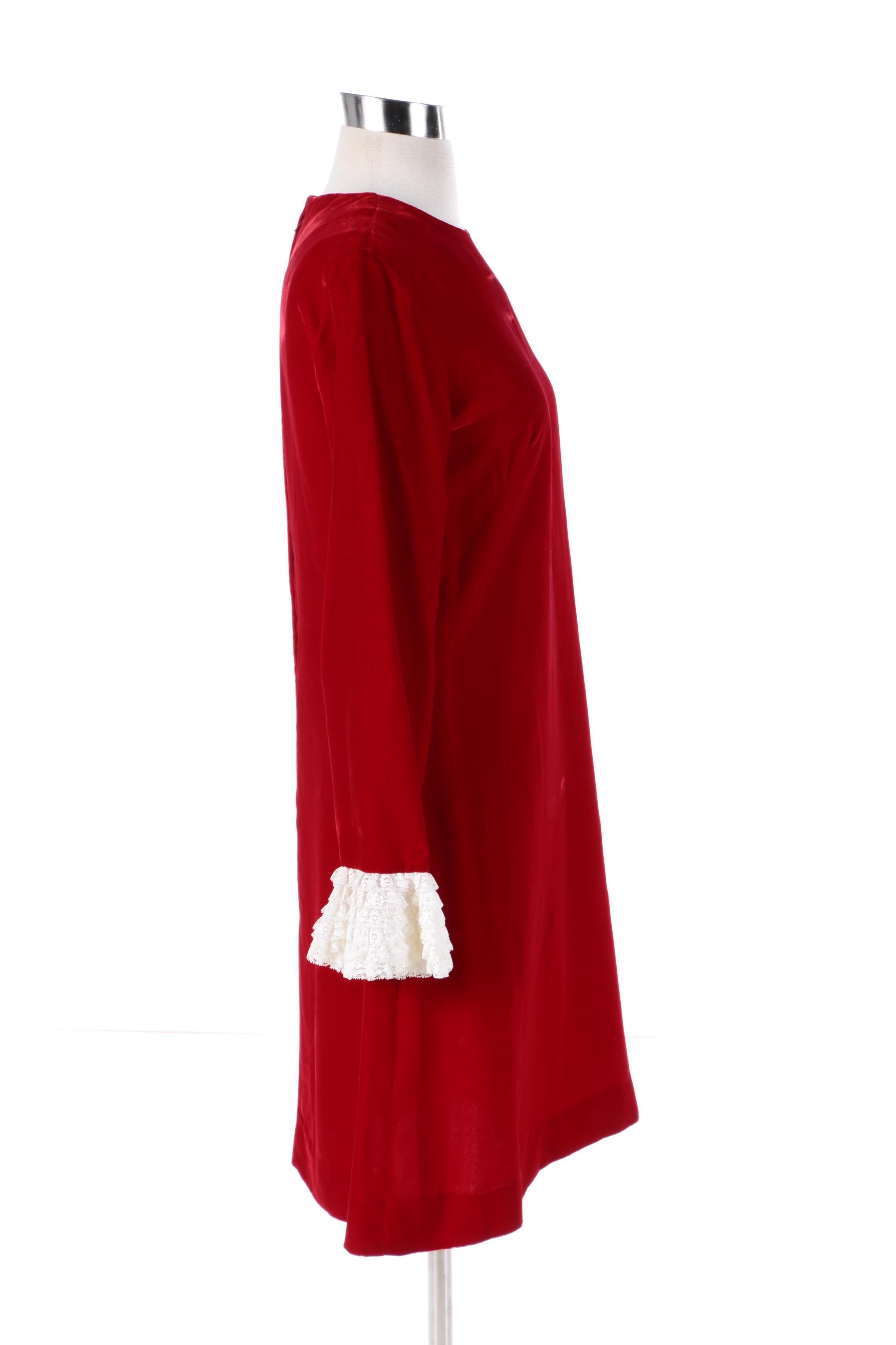 Circa 1960s Vintage Teena Paige Red Velvet Dress with Lace Ruffle Sleeve Cuffs