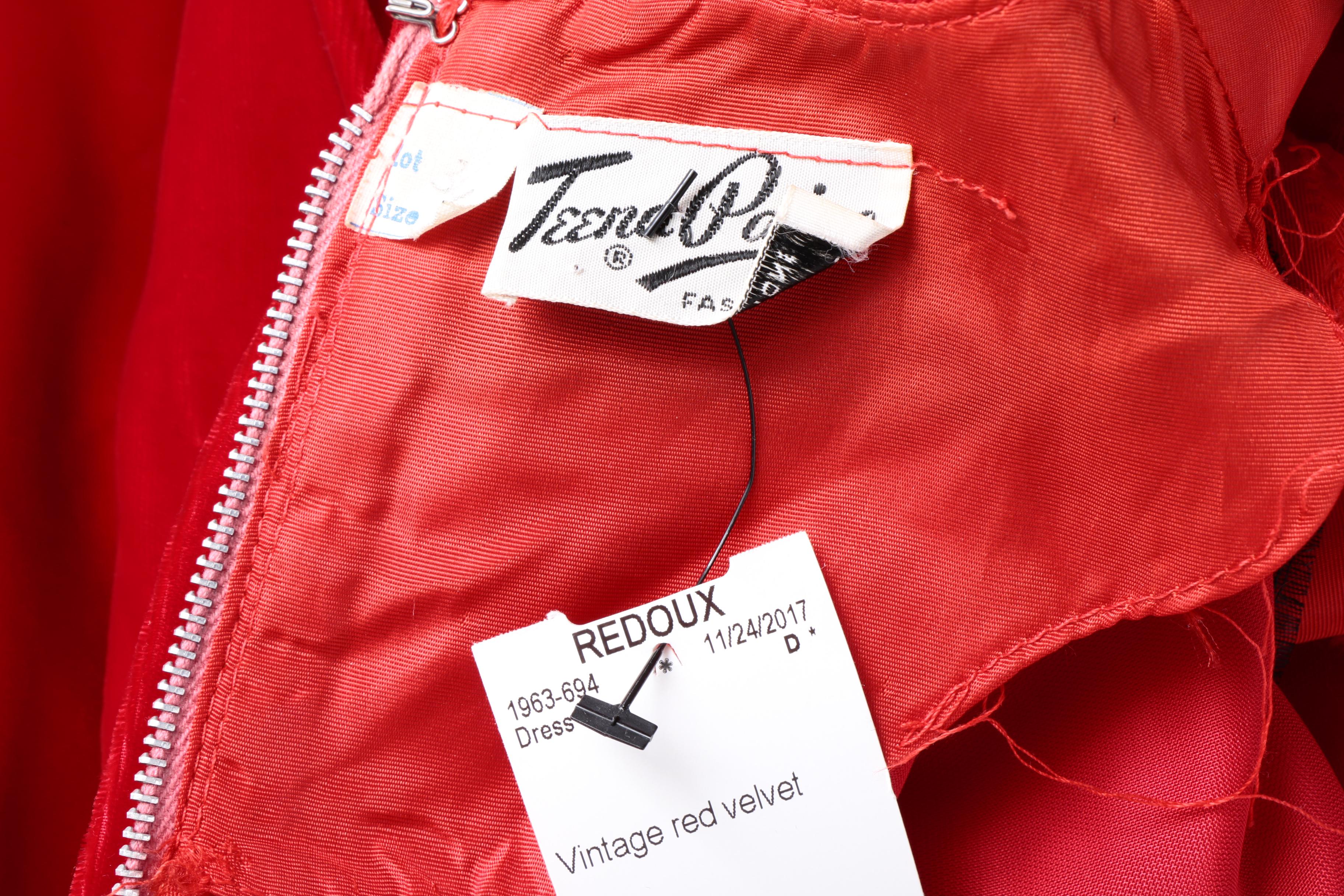 Circa 1960s Vintage Teena Paige Red Velvet Dress with Lace Ruffle Sleeve Cuffs