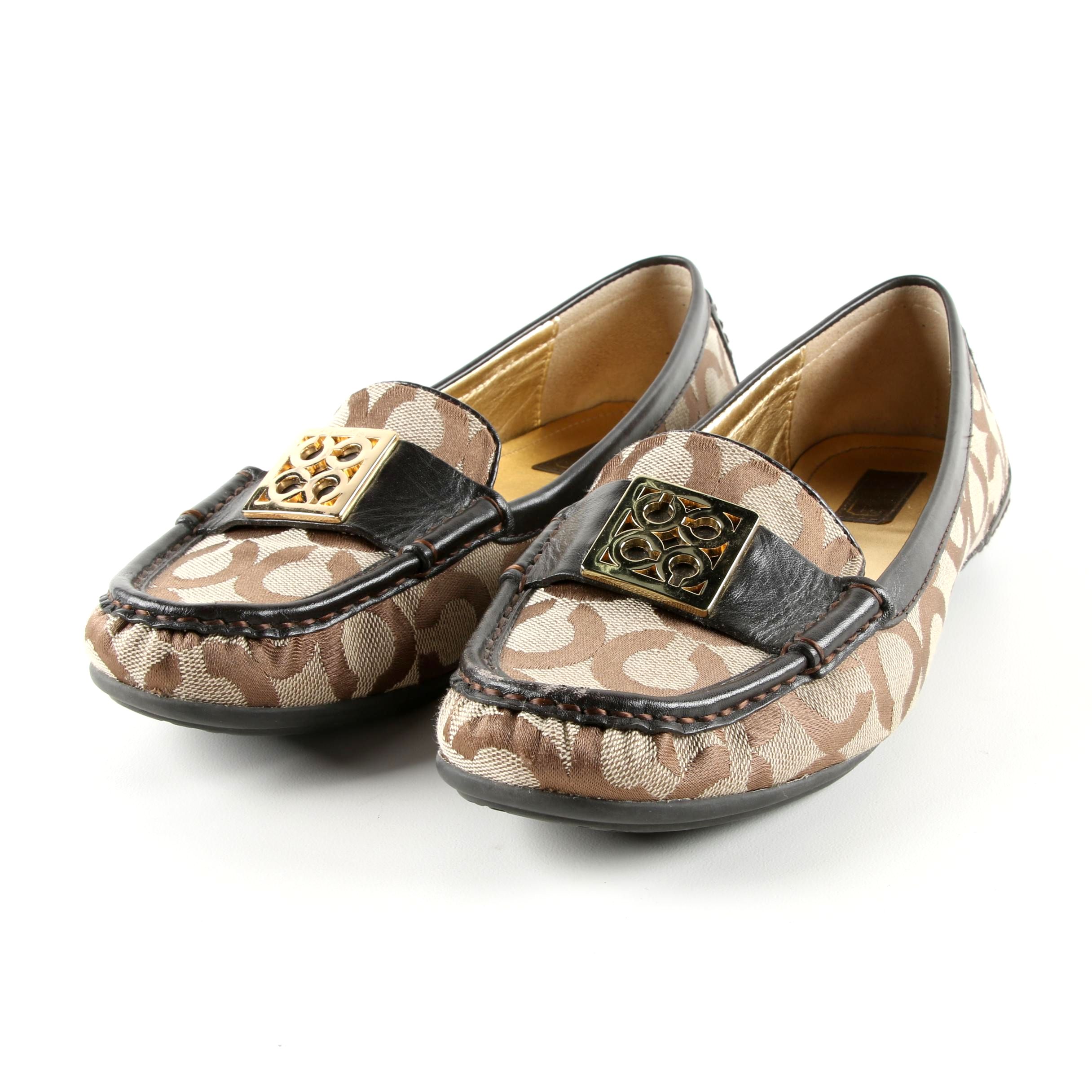 Women's Coach Signature Tan Canvas and Brown Leather Loafers