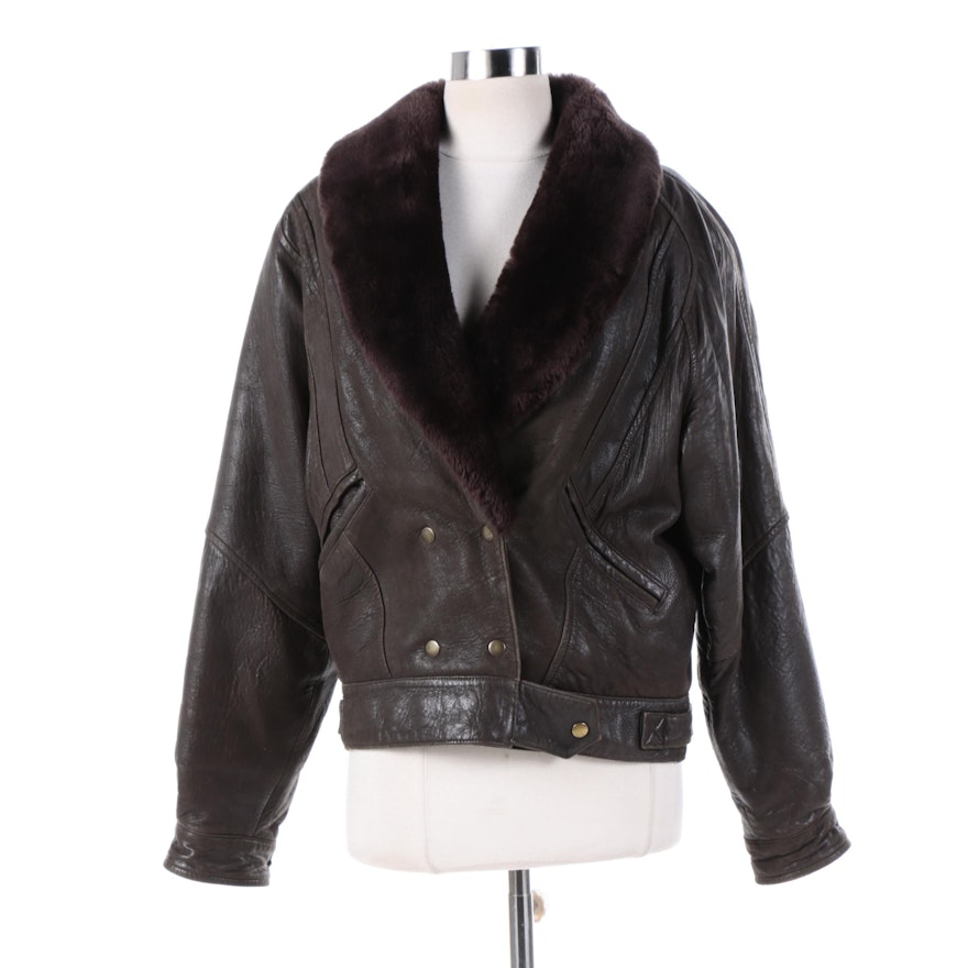 Women's Overland Outfitters Brown Leather Bomber Jacket with Faux Fur Collar