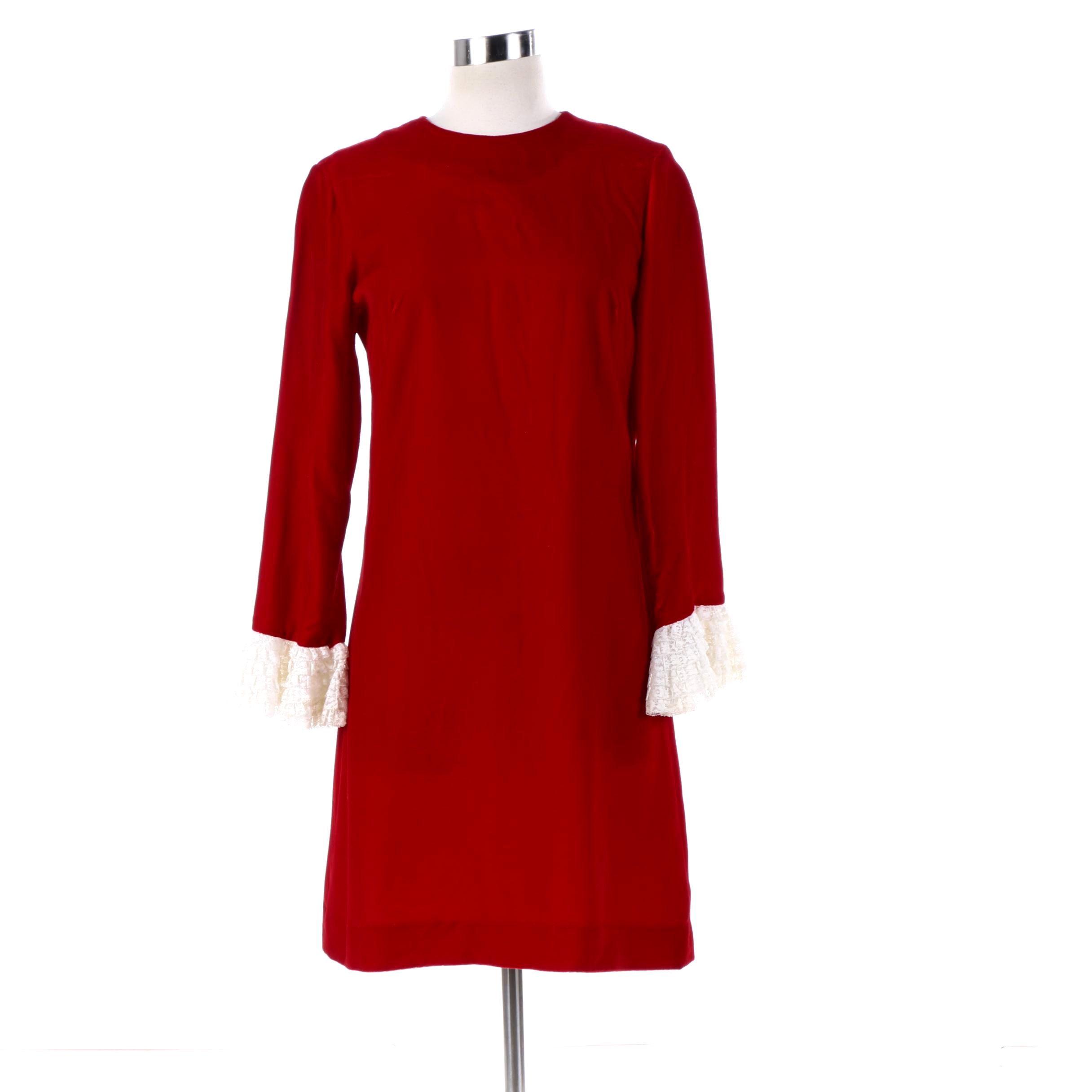 Circa 1960s Vintage Teena Paige Red Velvet Dress with Lace Ruffle Sleeve Cuffs