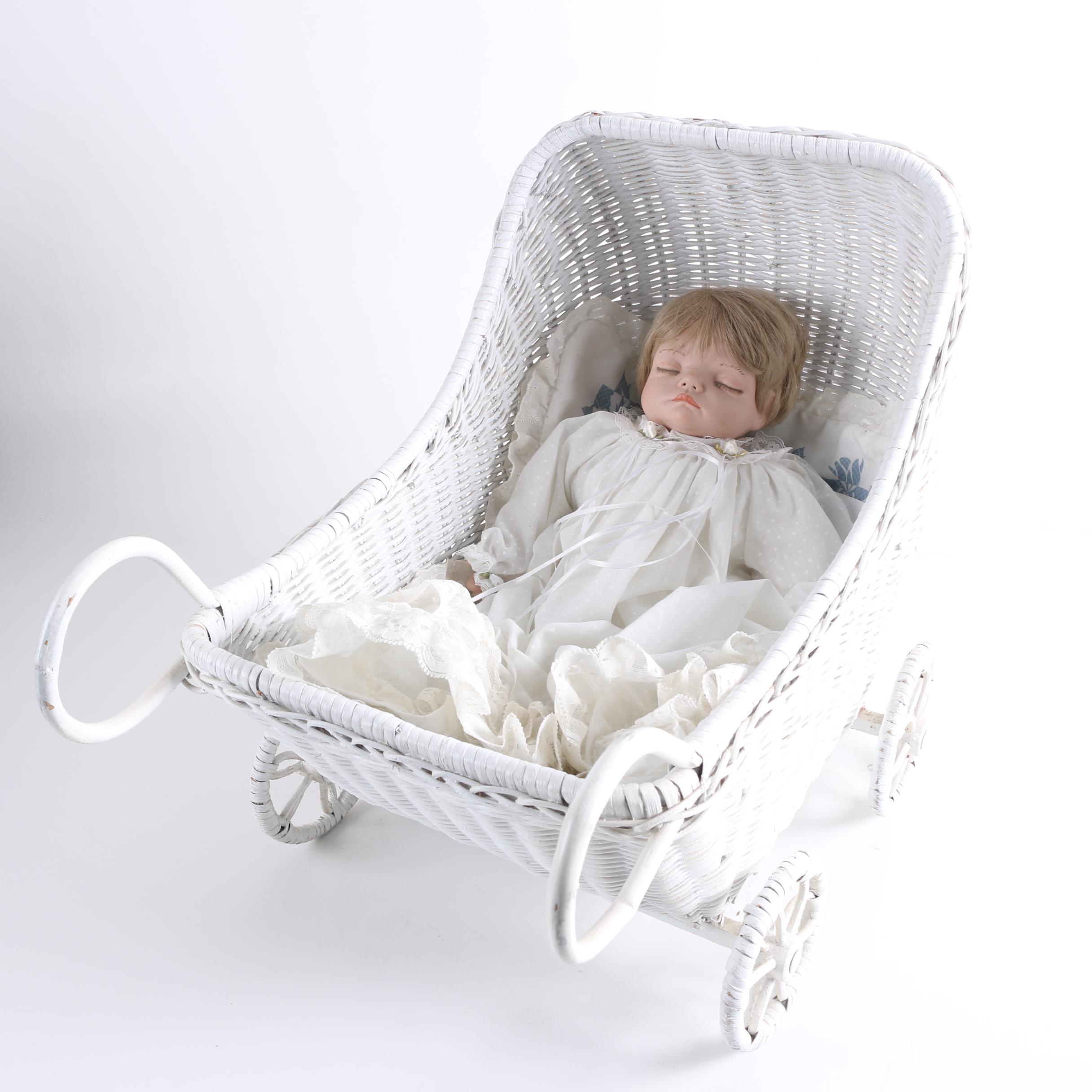 Porcelain Baby Doll in White Wicker Pram