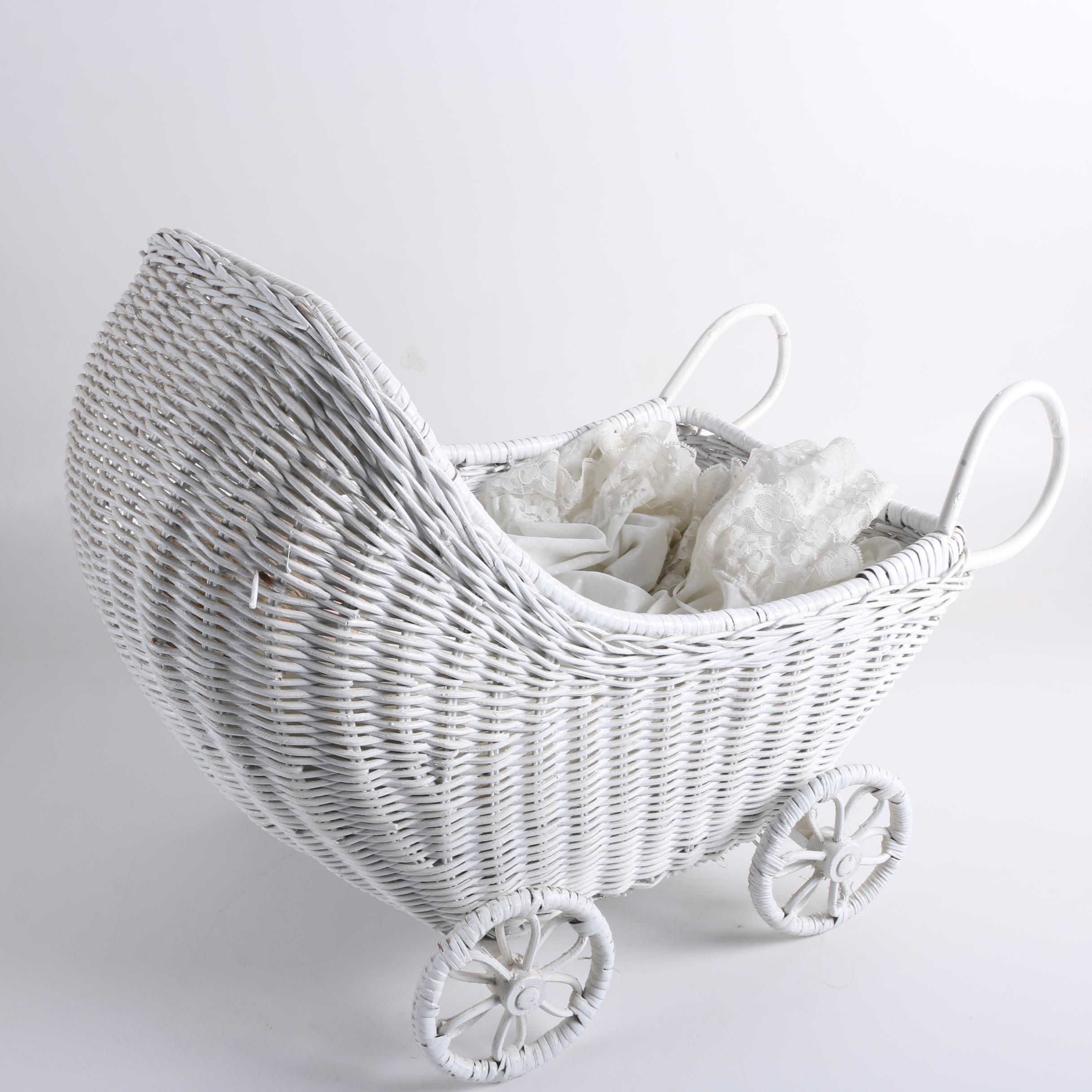 Porcelain Baby Doll in White Wicker Pram