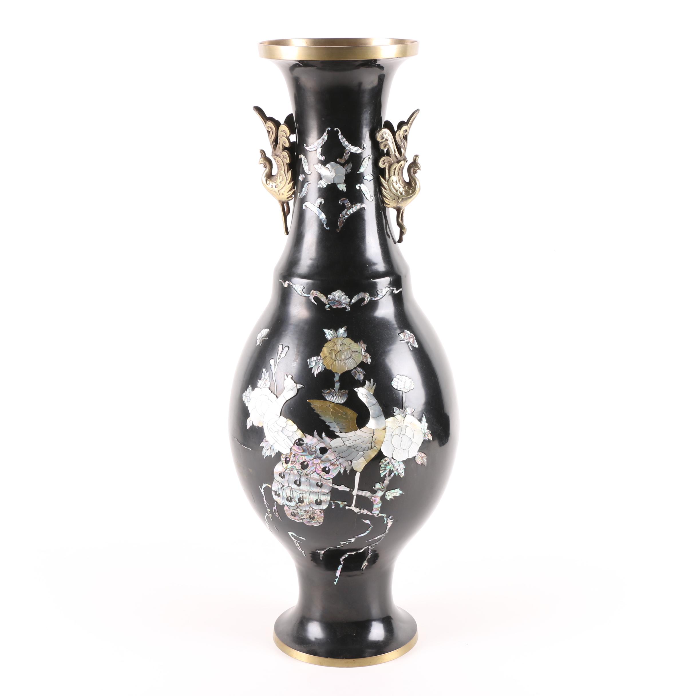 Korean Peacock Themed Enameled Brass Vase