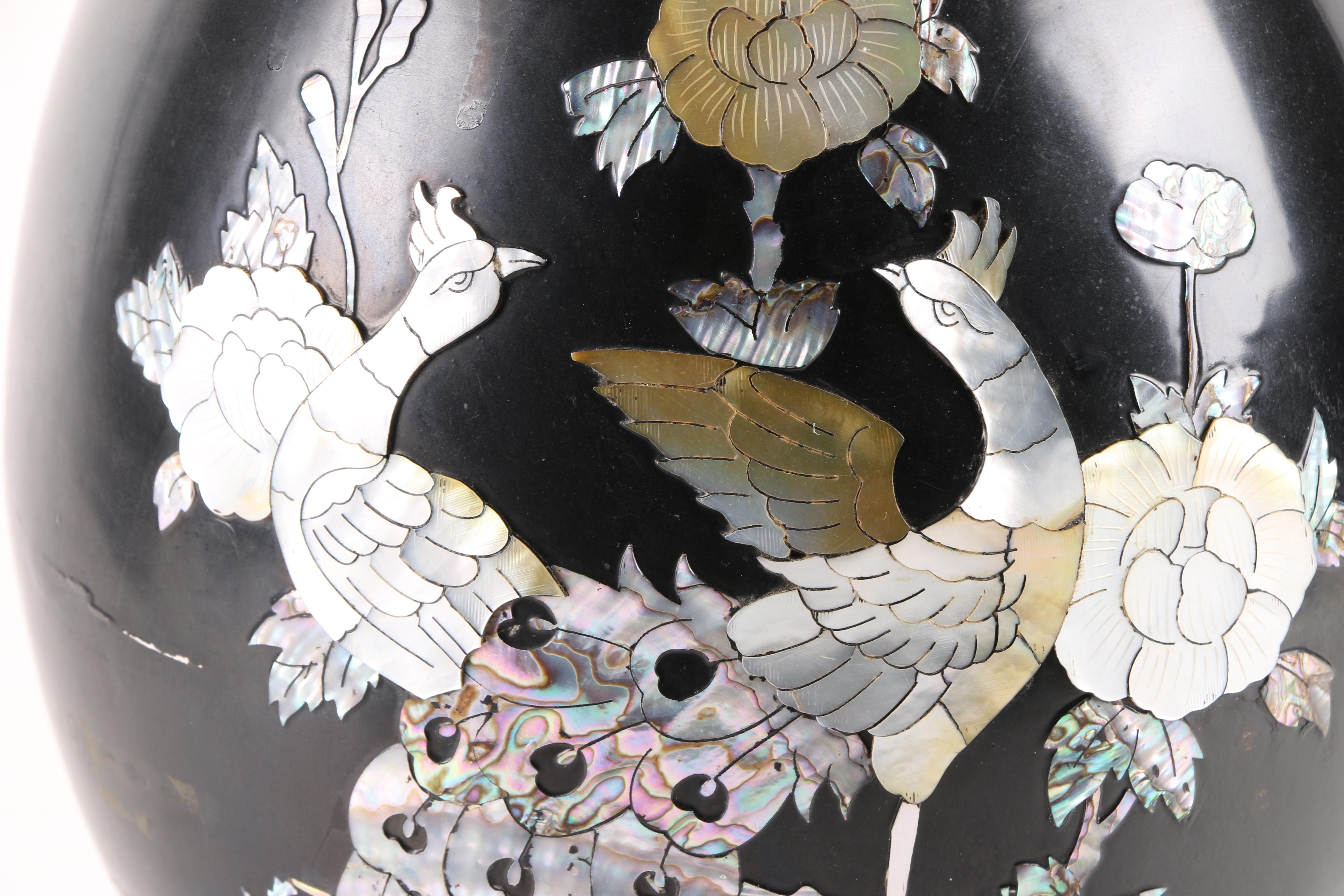 Korean Peacock Themed Enameled Brass Vase