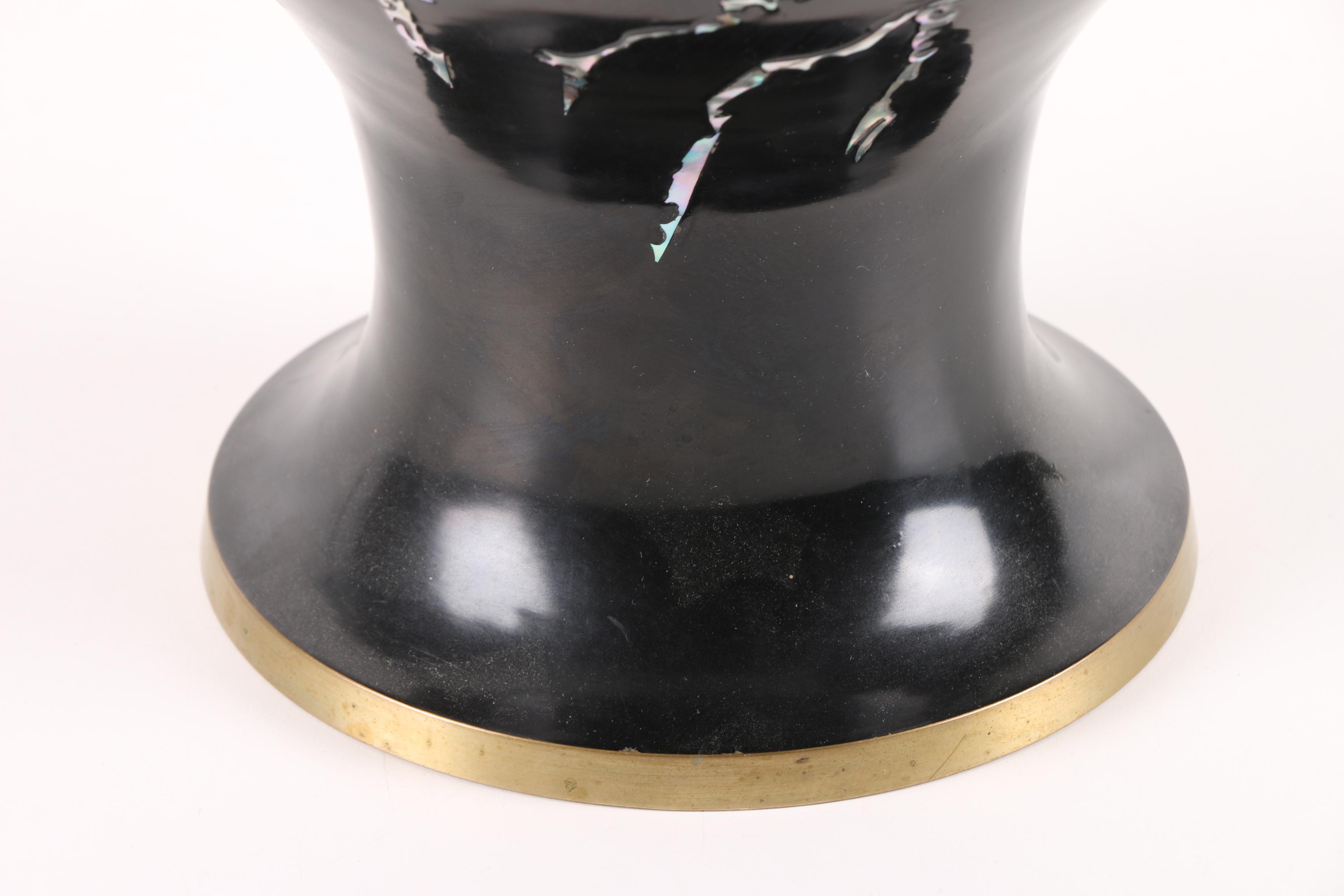 Korean Peacock Themed Enameled Brass Vase