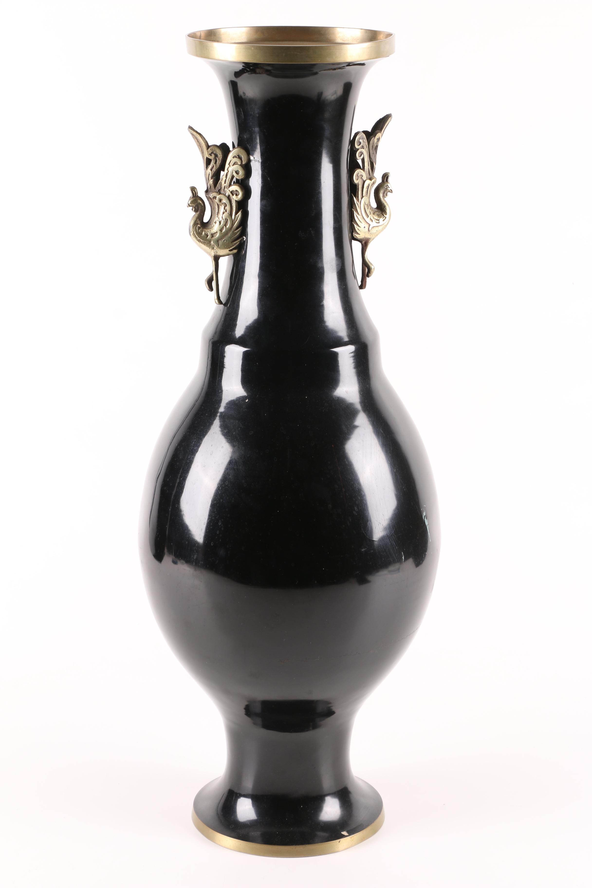 Korean Peacock Themed Enameled Brass Vase