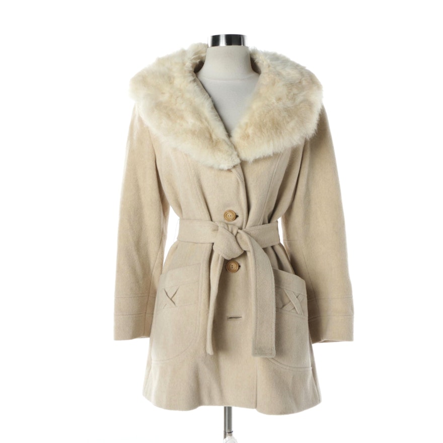 Women's Vintage Beige Wool Coat with Shearling Collar