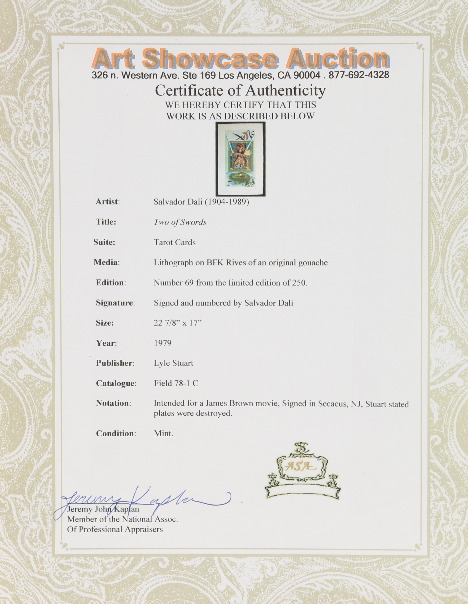 Salvador Dalí Lithograph "Two of Swords"