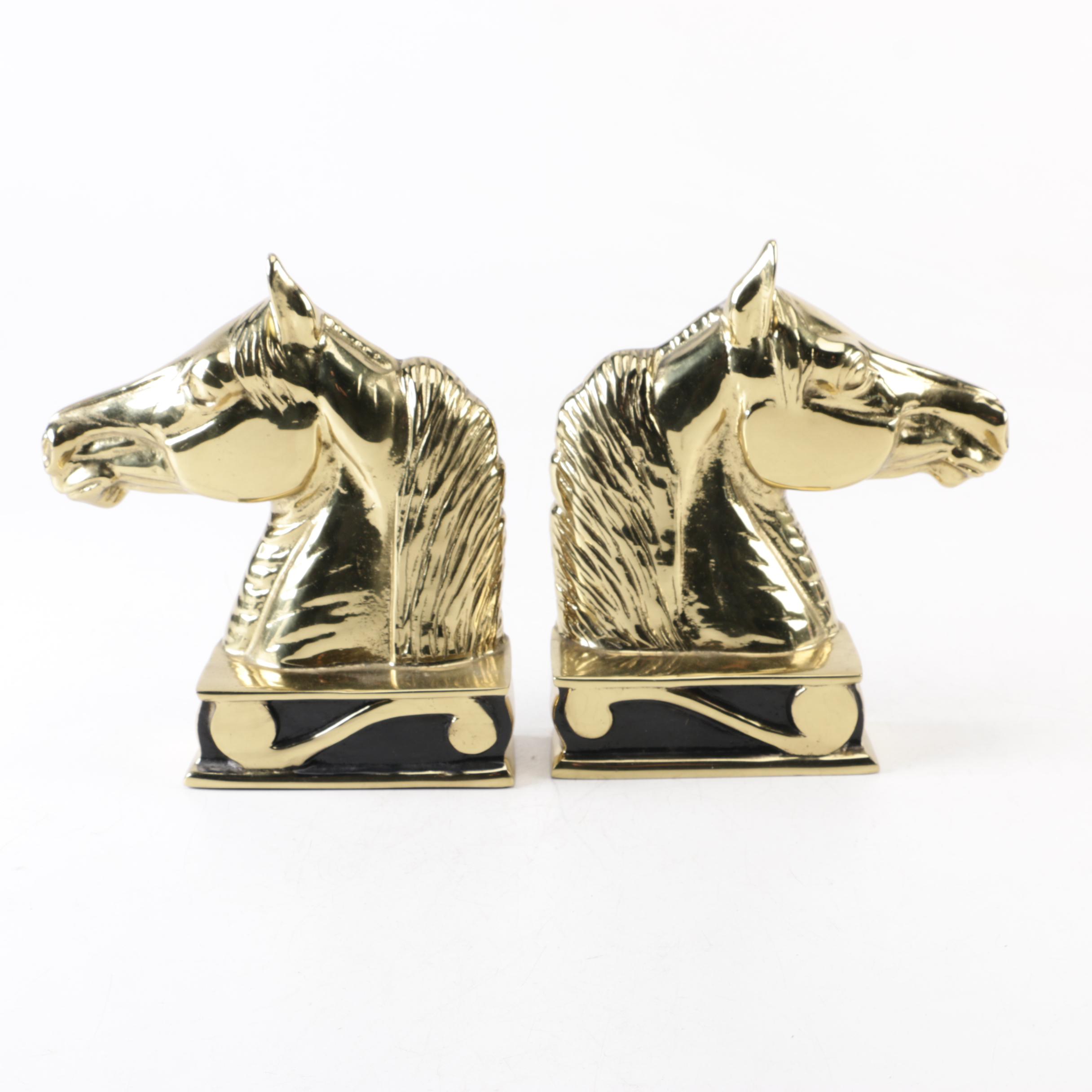Pair Of Figural Brass Horse Head Bookends