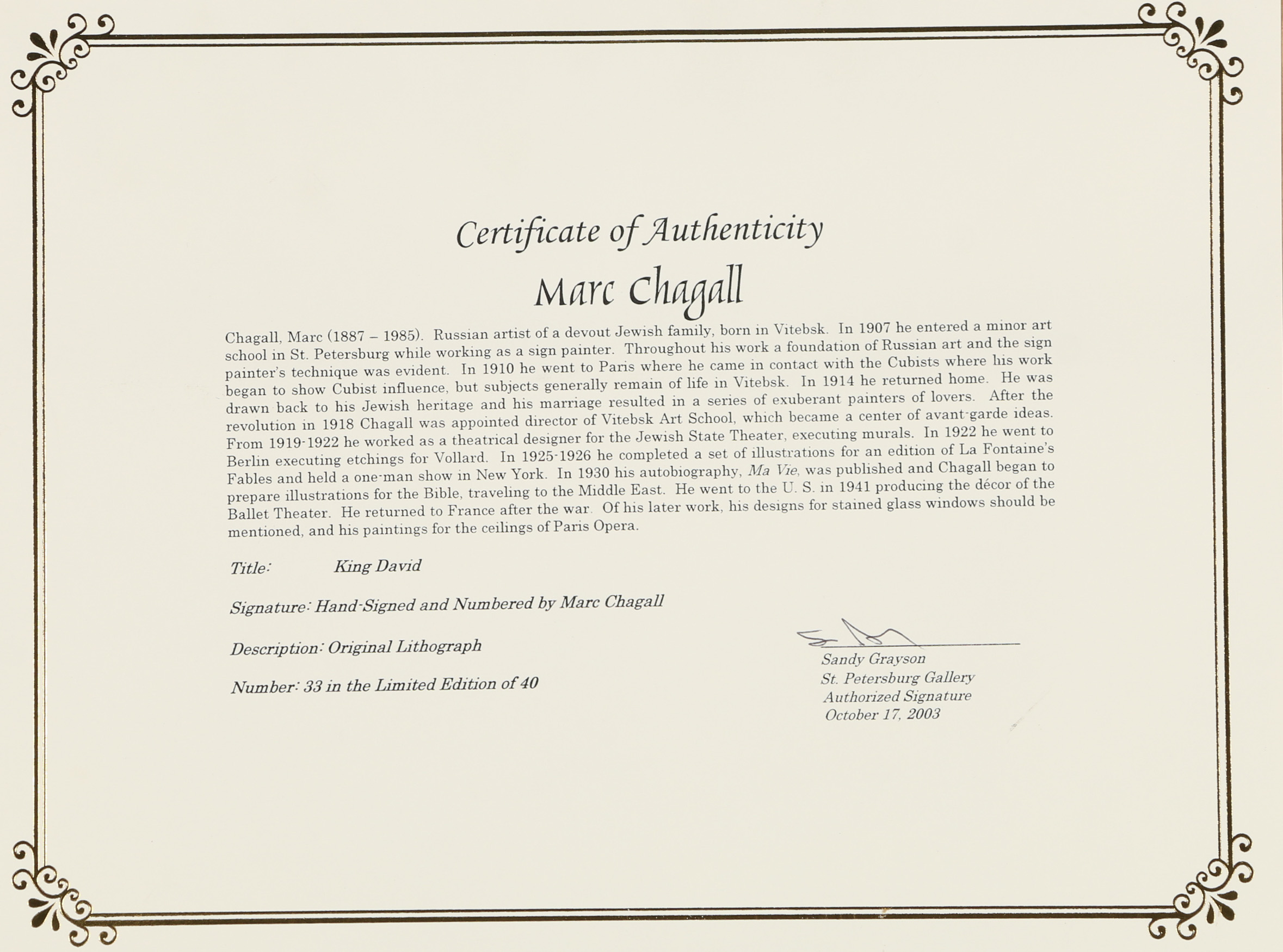 Marc Chagall Lithograph "King David"