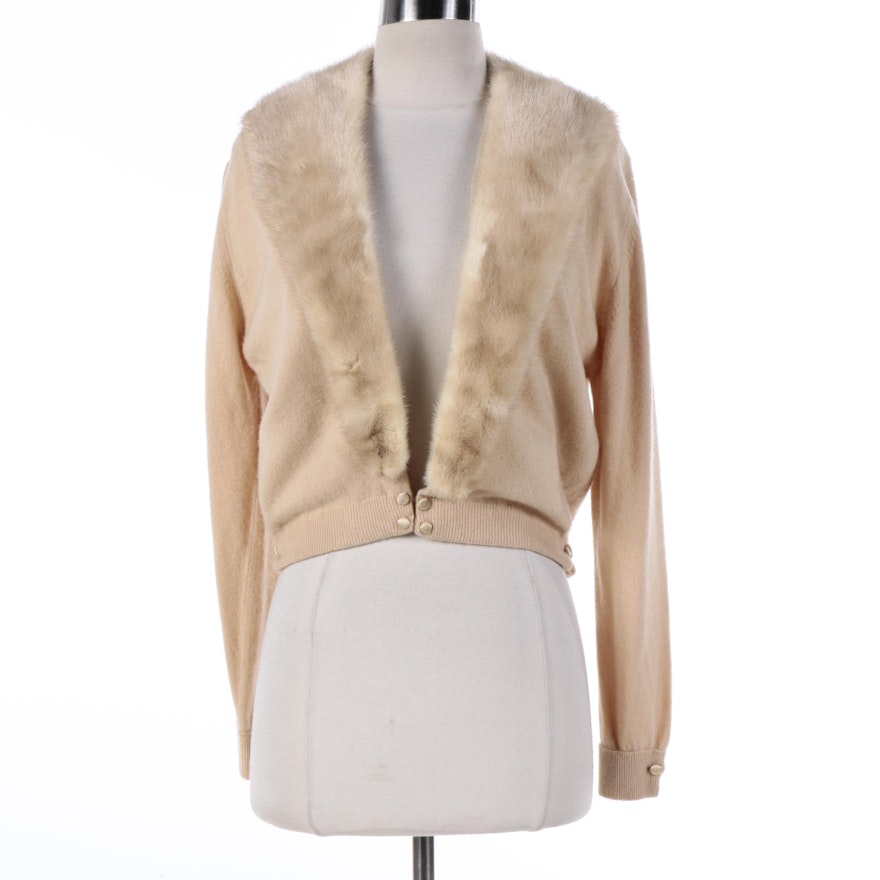 Vintage Beige Cashmere Sweater with Mink Fur Collar