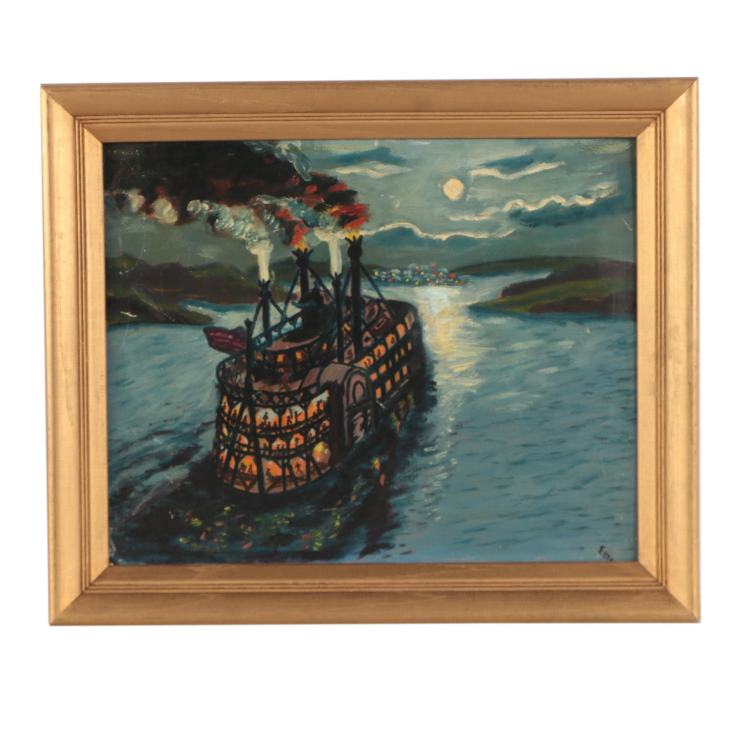 20th Century Oil Painting of Riverboat