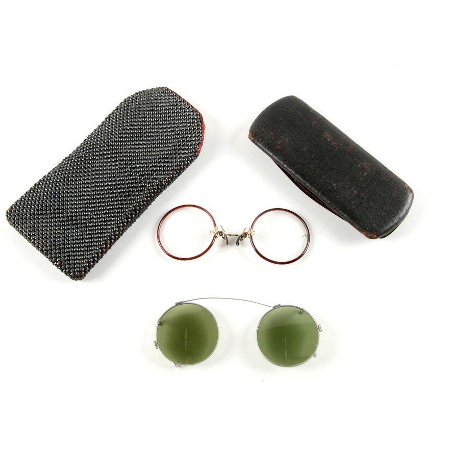 Antique Round Rim Pince Nez Gold-Filled Eyeglasses and Clip-On Sunglasses