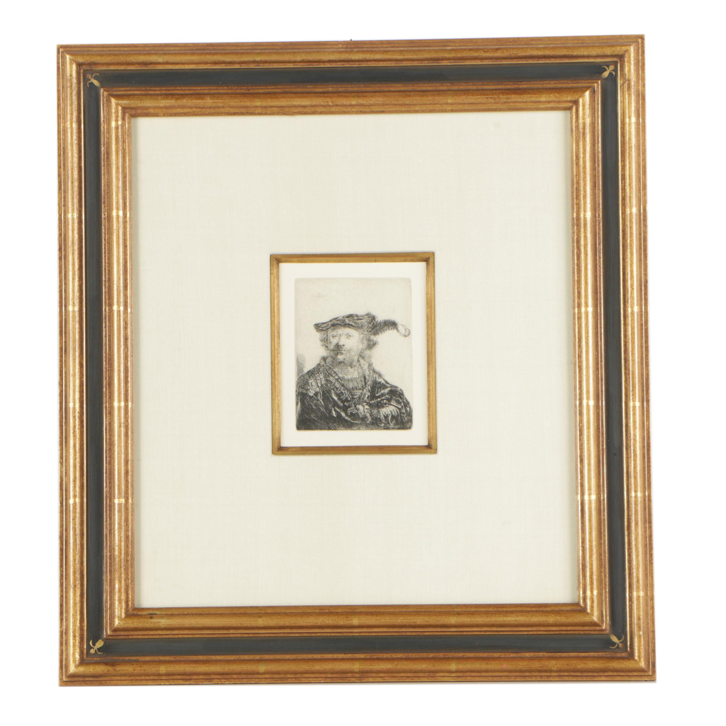 Rembrandt Restrike Etching "Self Portrait in a Velvet Cap with Plume"