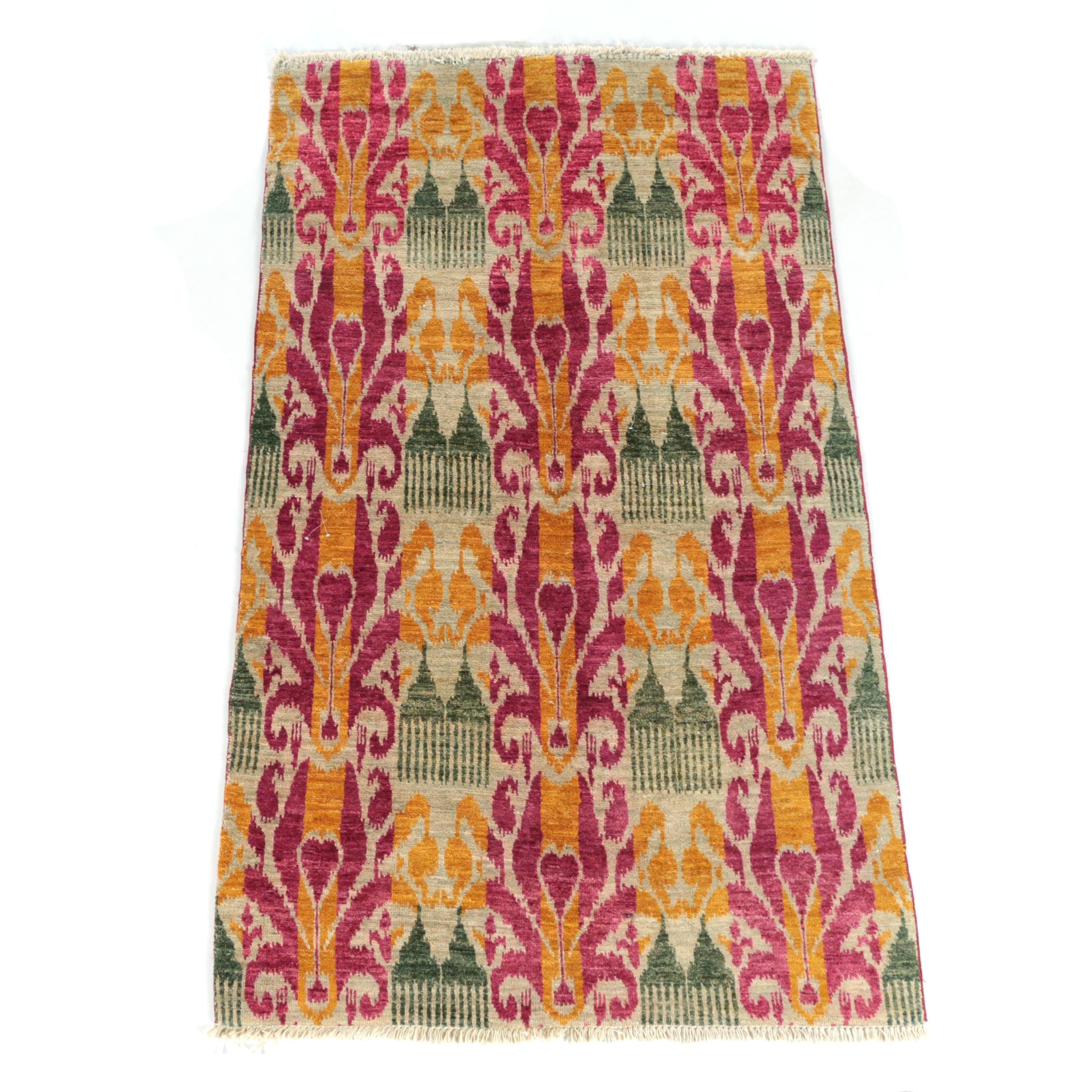 Hand-Knotted Looped Pile Ikat Pattern Wool and Cotton Area Rug