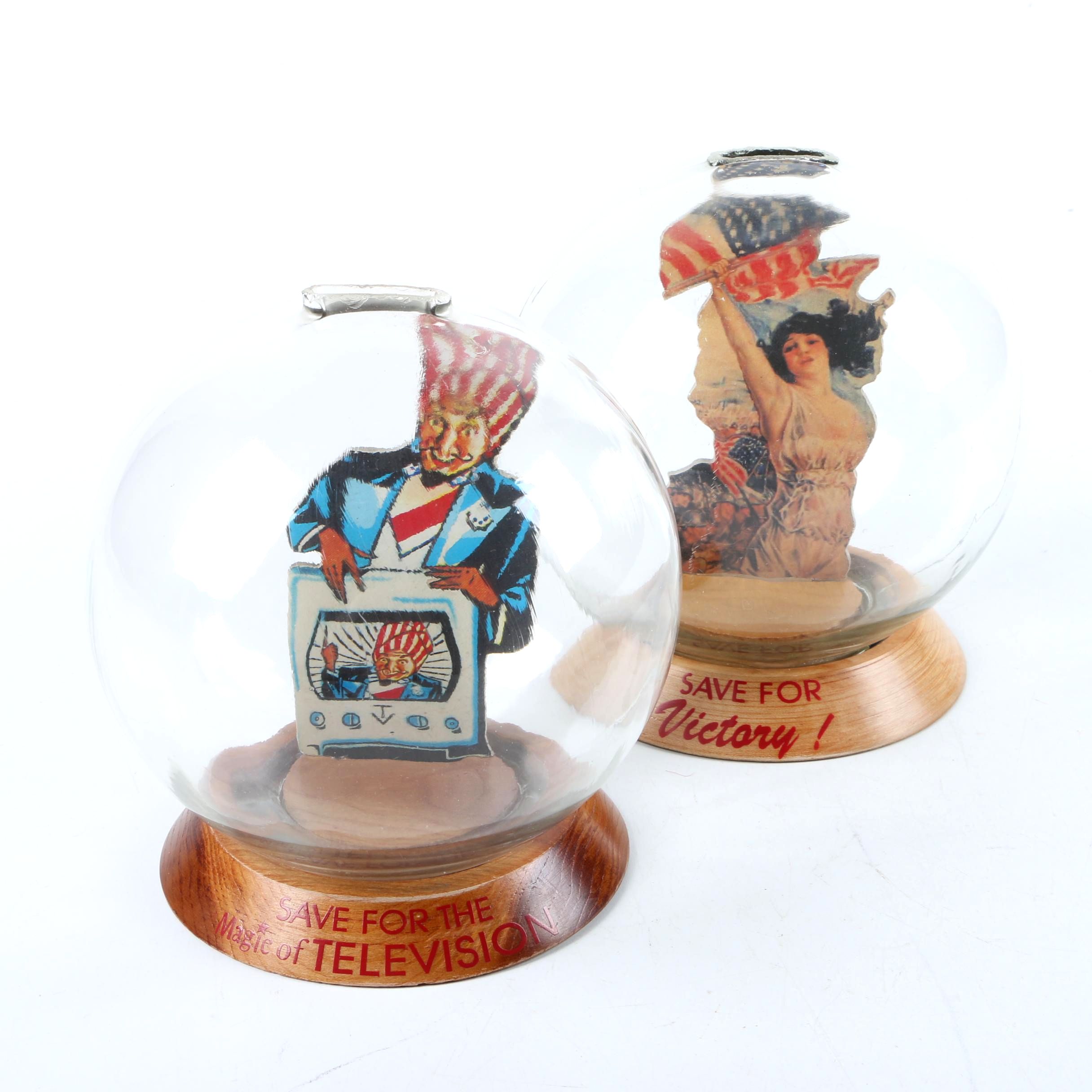 Vintage Glass Novelty Bubble Banks "Save for Victory" and "Magic of Television"