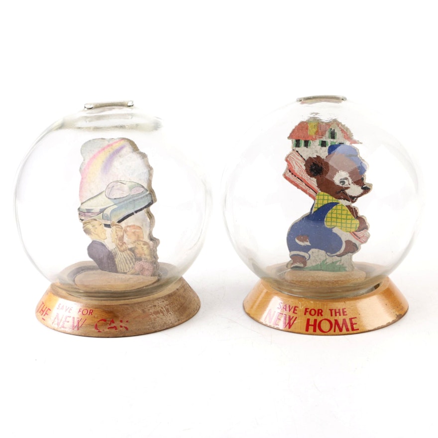 Vintage Glass Novelty Bubble Banks "The New Car" and "The New Home"