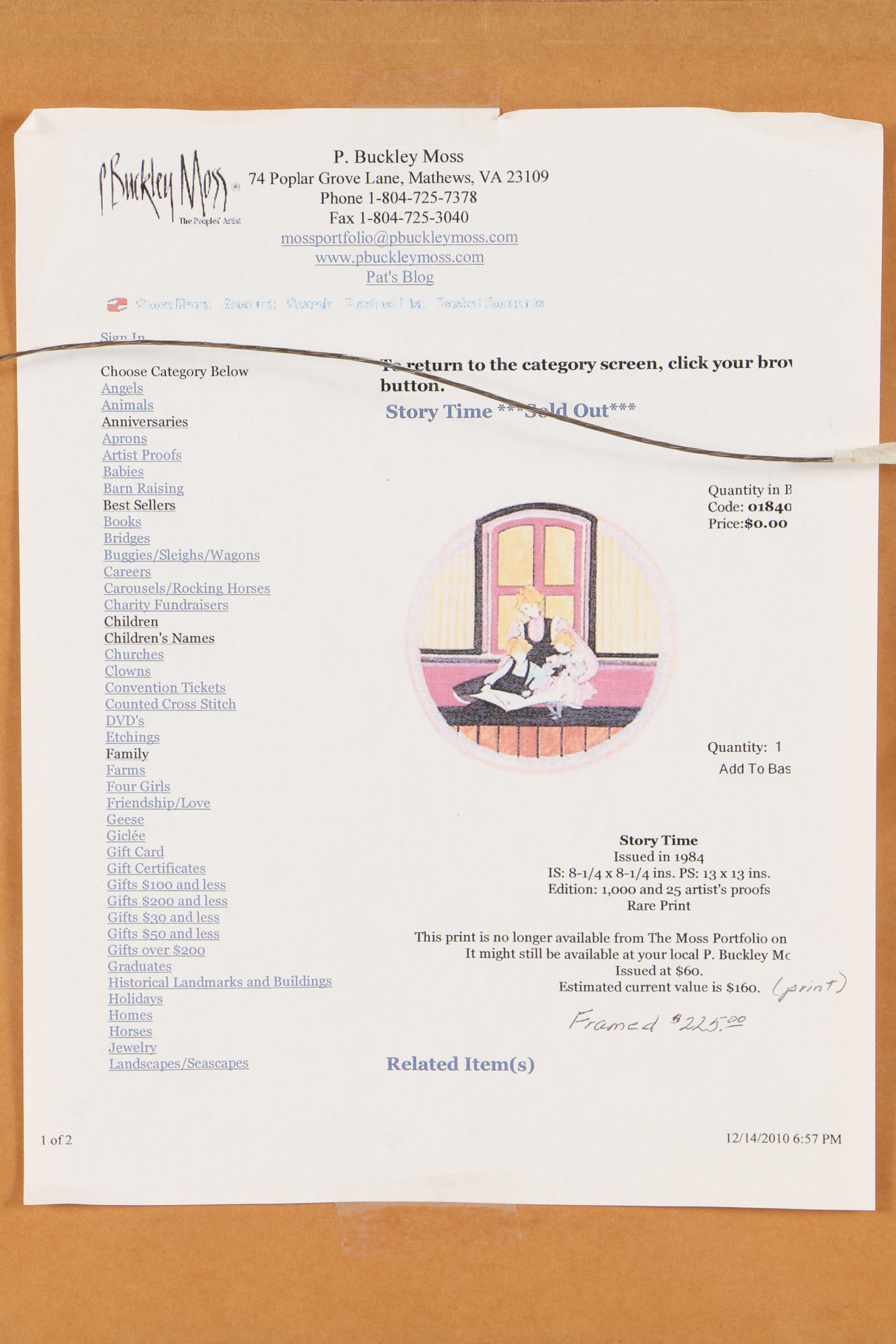 Patricia Buckley Moss Limited Edition Offset Lithograph "Story Time"