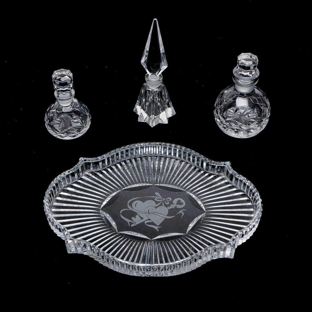 Waterford Crystal "Lismore" Perfume Bottles and "Eternity" Tray
