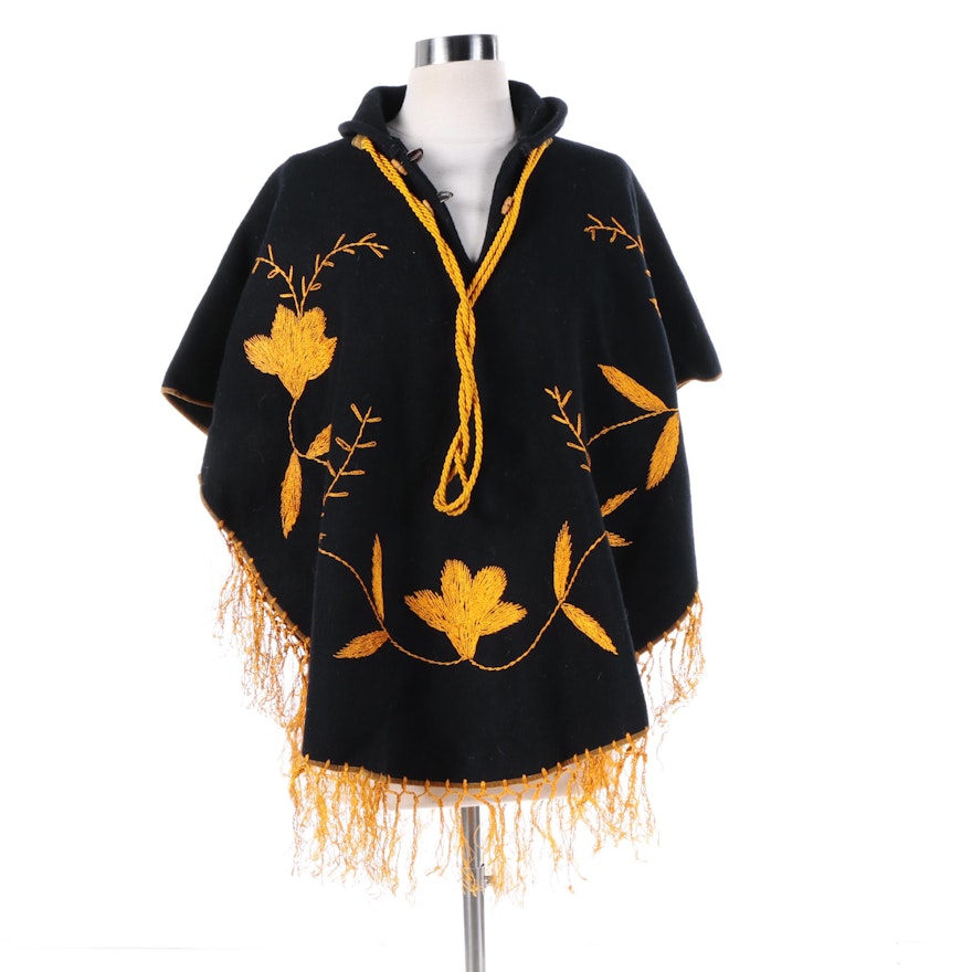Women's Vintage Mexican Hand Embroidered and Fringed Poncho in Black and Yellow