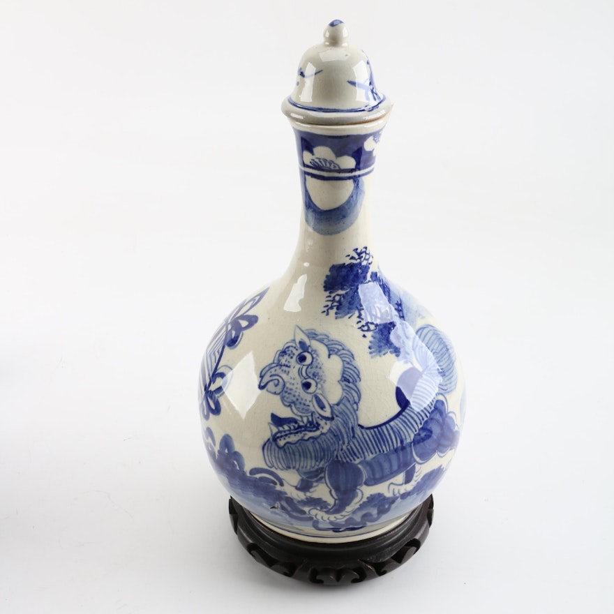 Vintage Chinese Hand-Painted Ceramic Bottle with Lid
